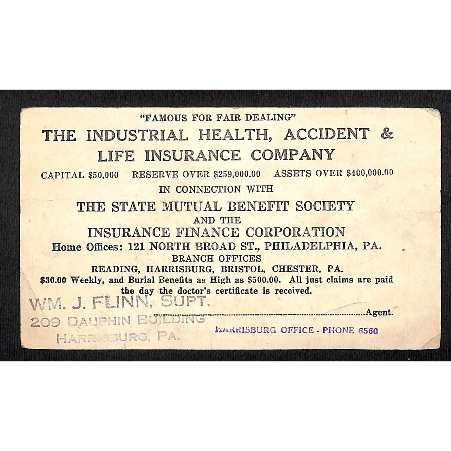 Little Jack Horner / Insurance Co. Wm. J. Flinn Harrisburg, PA c1920s Trade Card