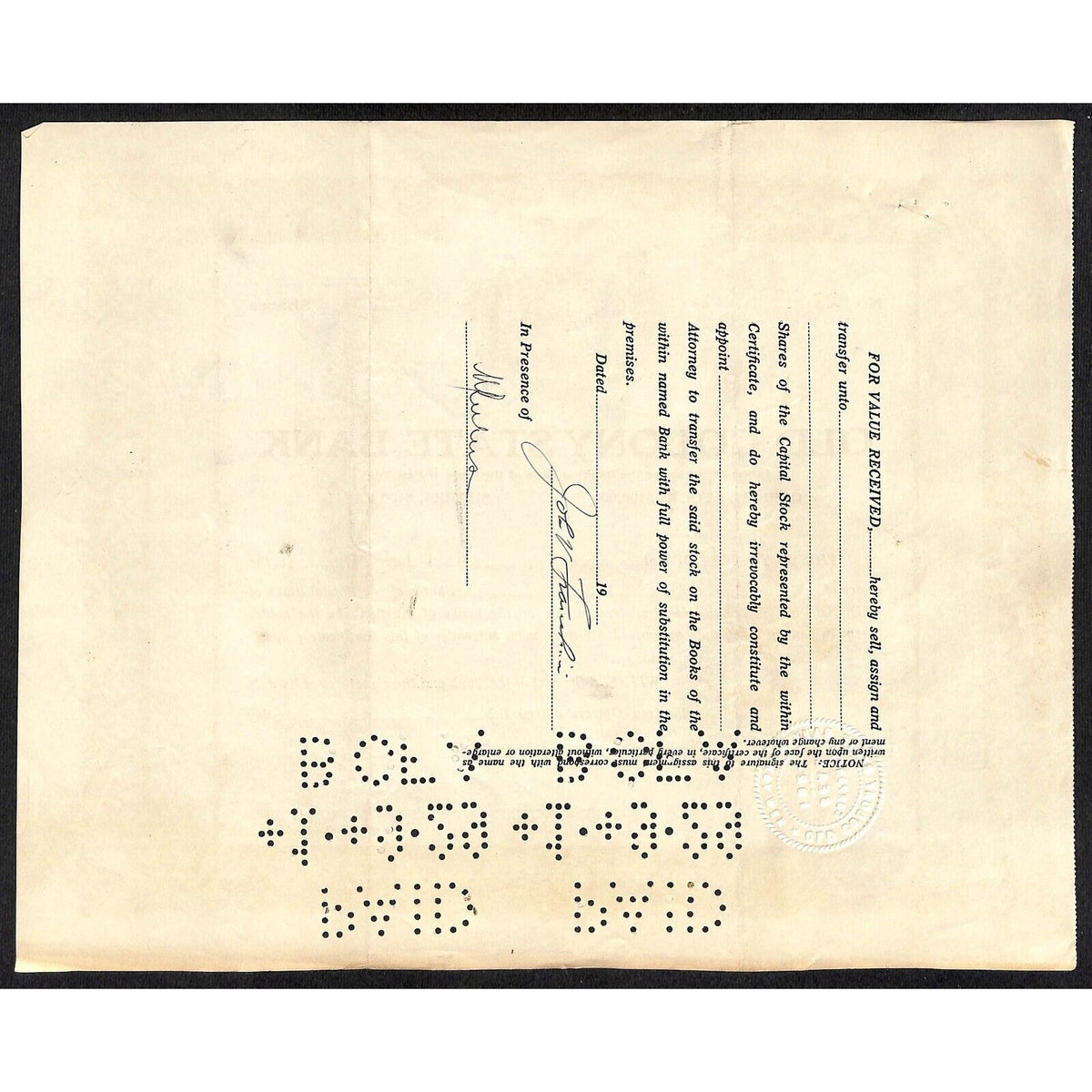 Old Colony State Bank NY 1925 Stock Certificate to John V. Franchini