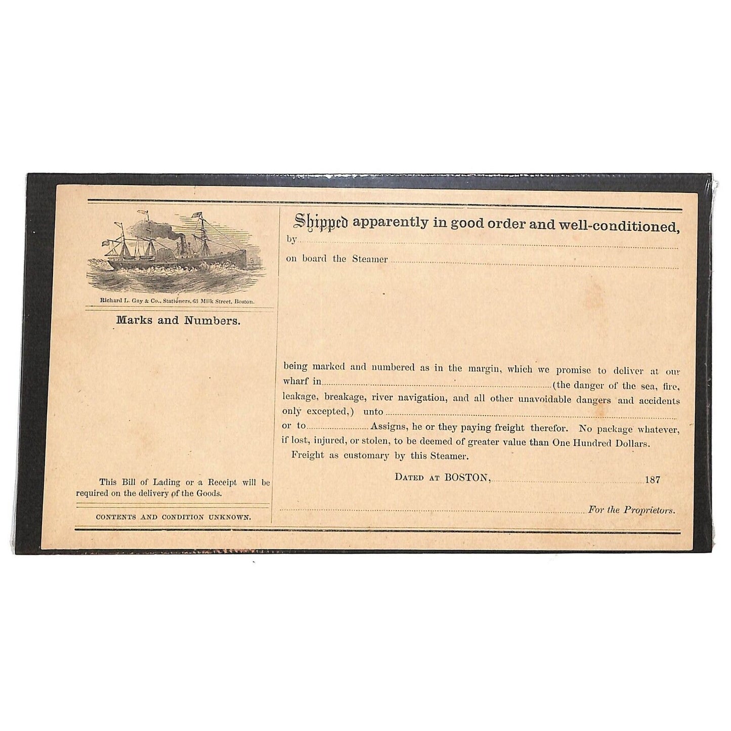 Boston Steamer 1870's 187x Unused Bill of Lading Richard L. Gay Co. Stationers