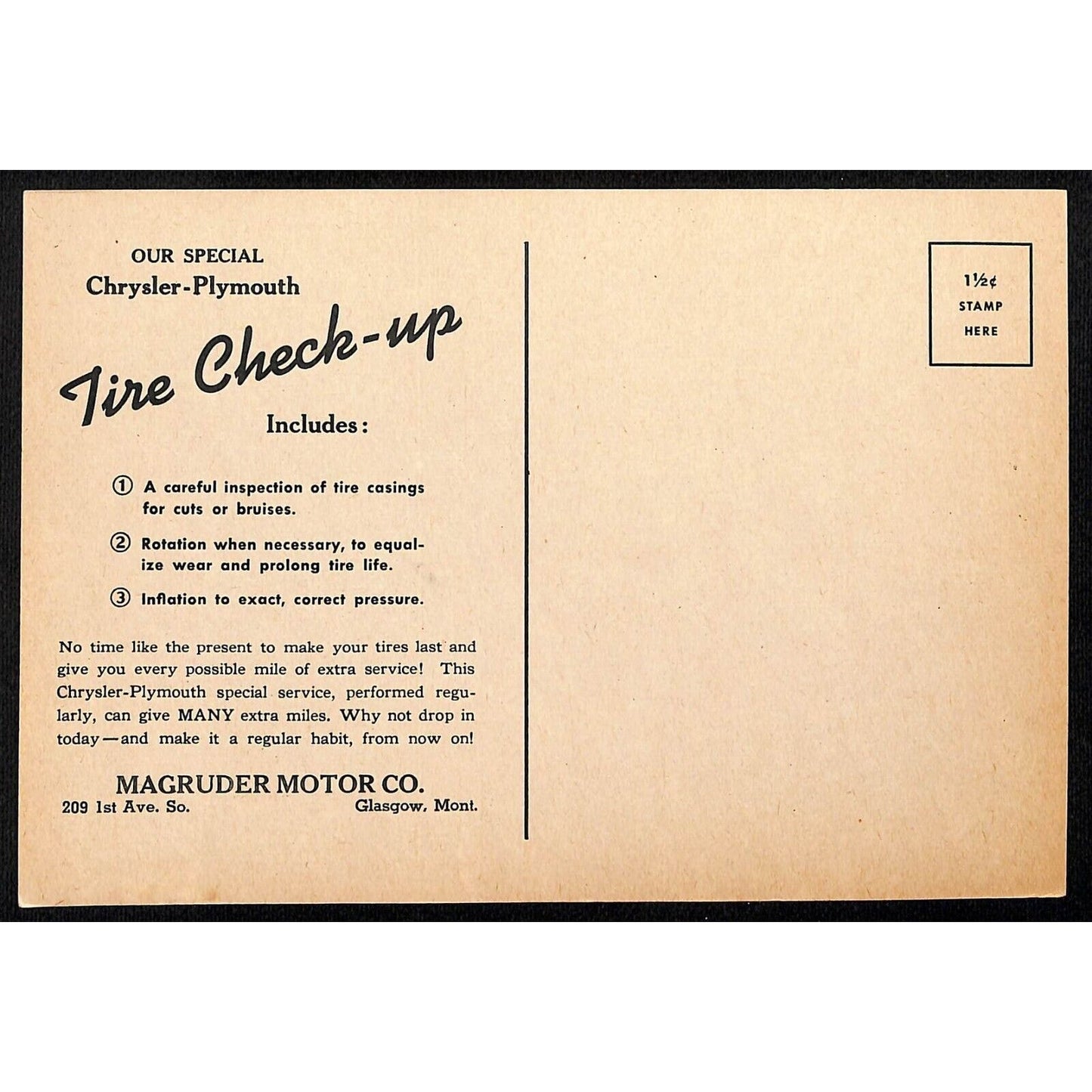 Magruder Motor Chrysler Plymouth Glasgow, MT Funny Check-Up Lg Postcard
