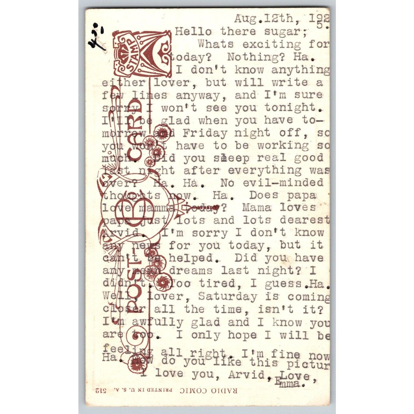 Funny Marriage Humor Postcard "The World's Prima Donna - Husband's Dirty.." 1925