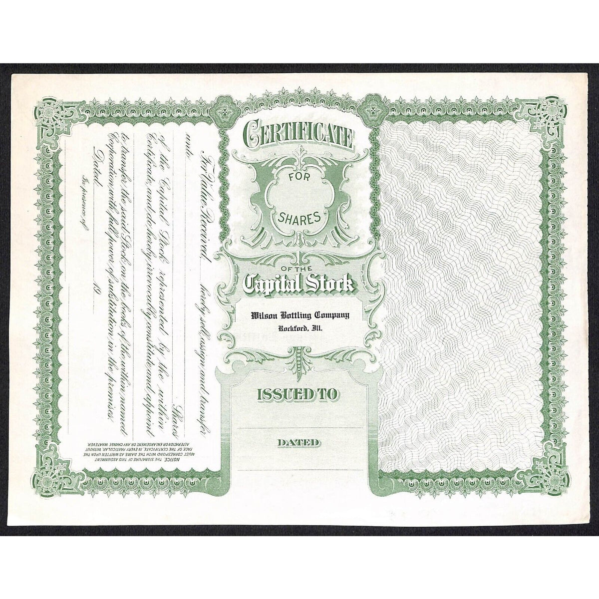 Wilson Bottling Co. Rockford, IL (Twin Lights) c1940's Stock Certificate #178