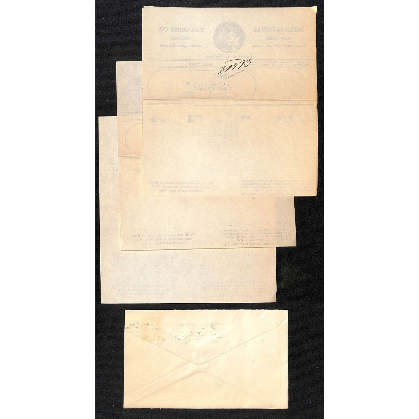 International tailoring Co. 12th St. & Fourth Ave NYC 1925 4 Billheads + Cover