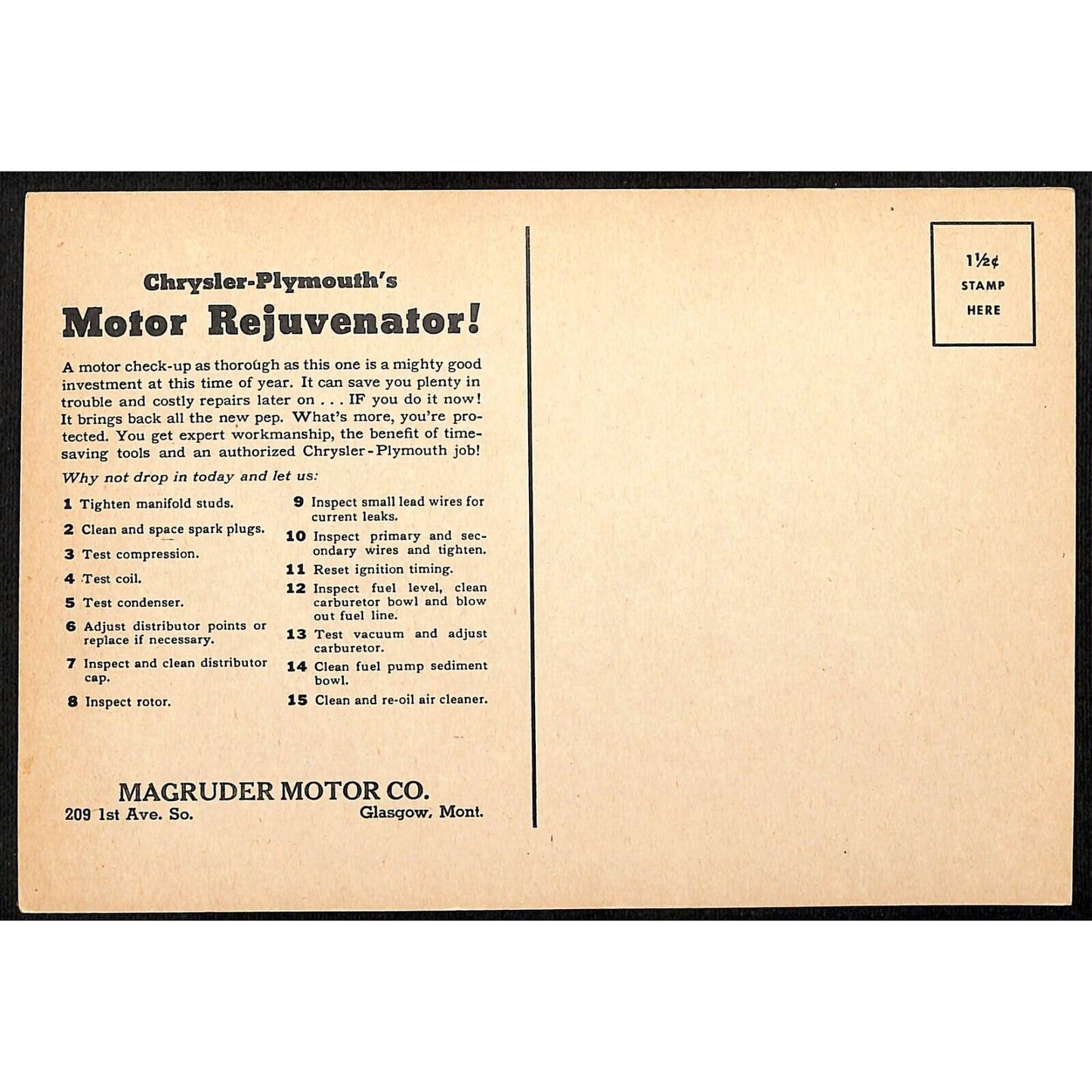 Magruder Motor Chrysler Plymouth Glasgow, MT Funny Tune-Up Service Lg Postcard