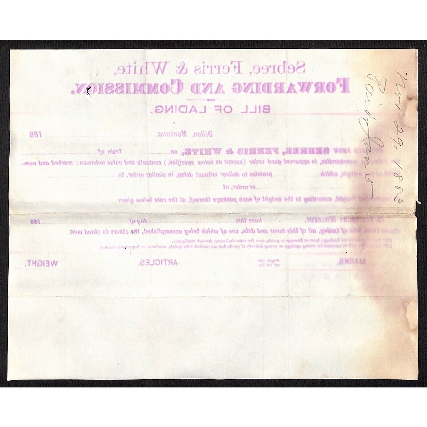 1883 Bill of Lading Sebree, Ferris & White Henry Elling* 4,610 lbs. Rolled Paper
