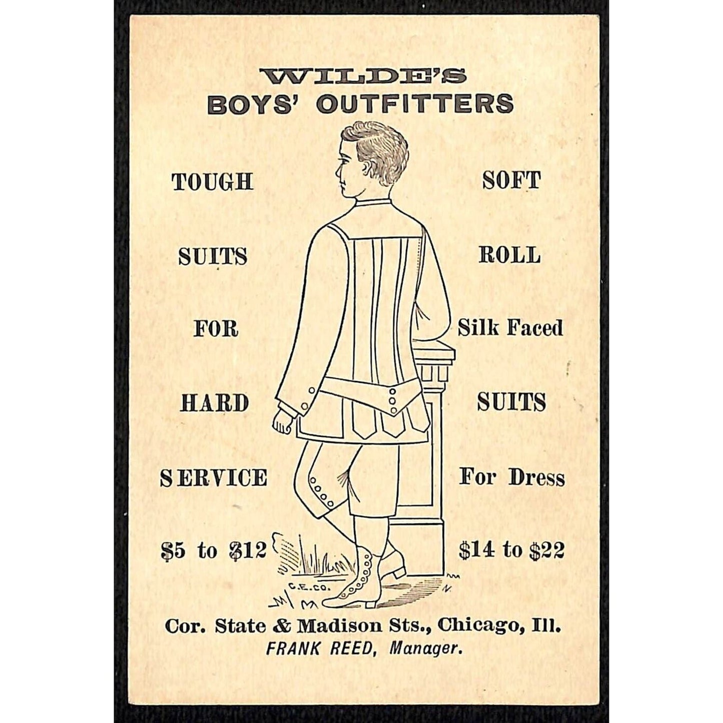 James Wilde Chicago Boy's Outfitters Victorian Trade Card Boy Plays w/ Toy Horse