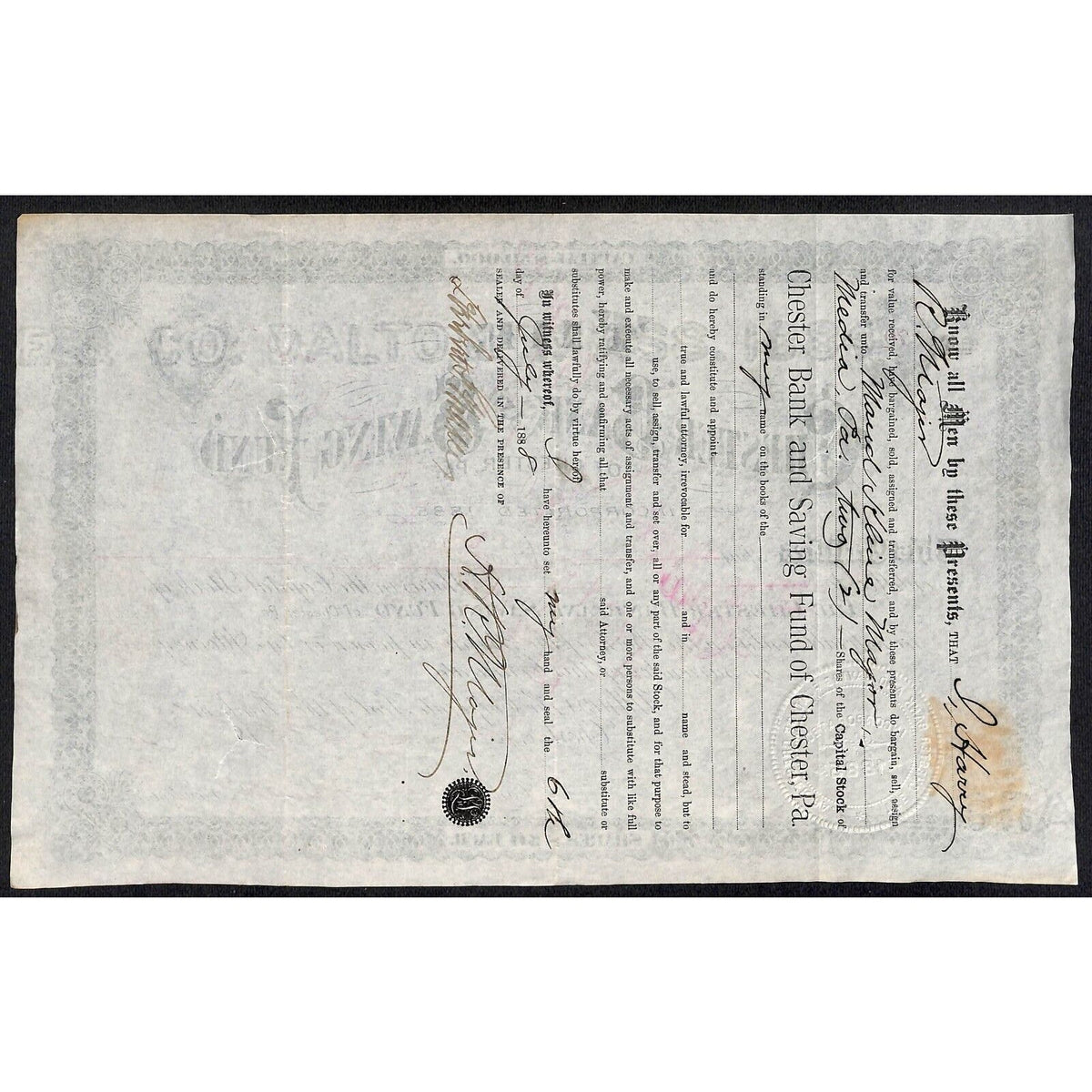 Chester Bank and Saving Fund Chester, PA 1886 Stock Certificate Henry R. Majors