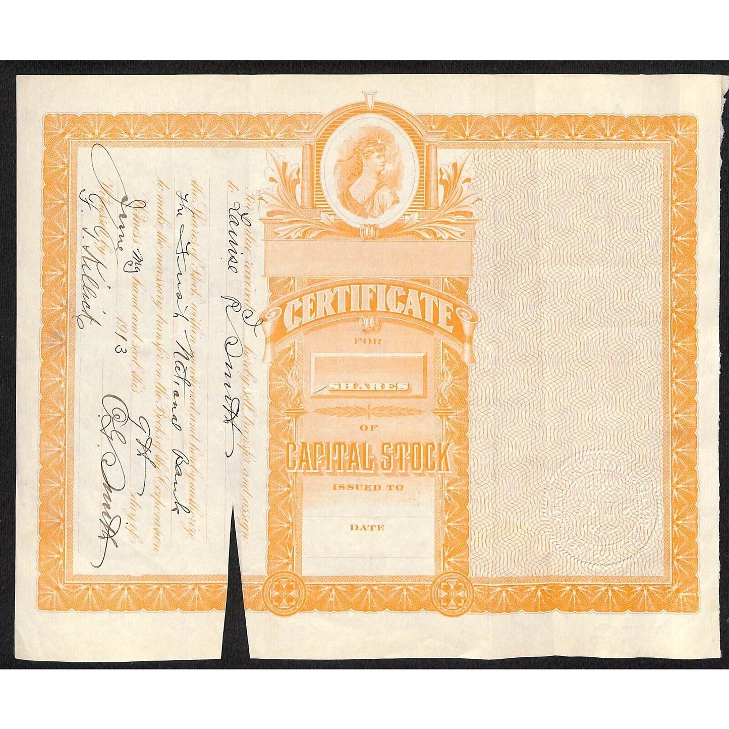 First National Bank of Lovelock, NV 1910 Stock Certificate to O.G. Smith *