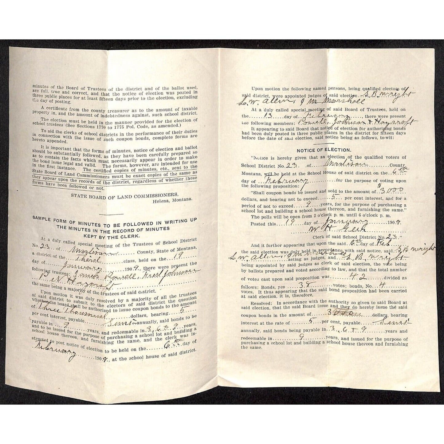 Helena Montana Land Commissioners Ballot Certificate Form 1909