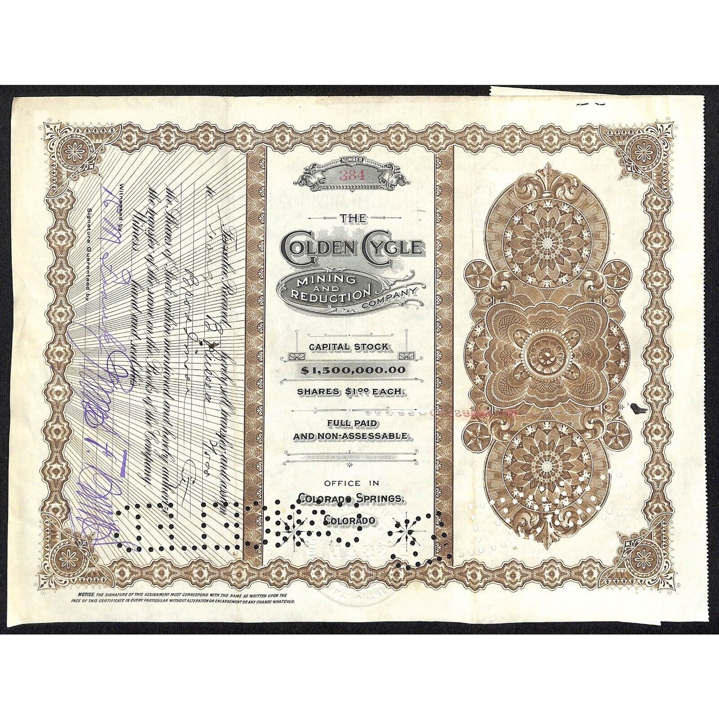 Golden Cycle Mining 1915 Stock Certificate w/ James F. Burns Sig. #384