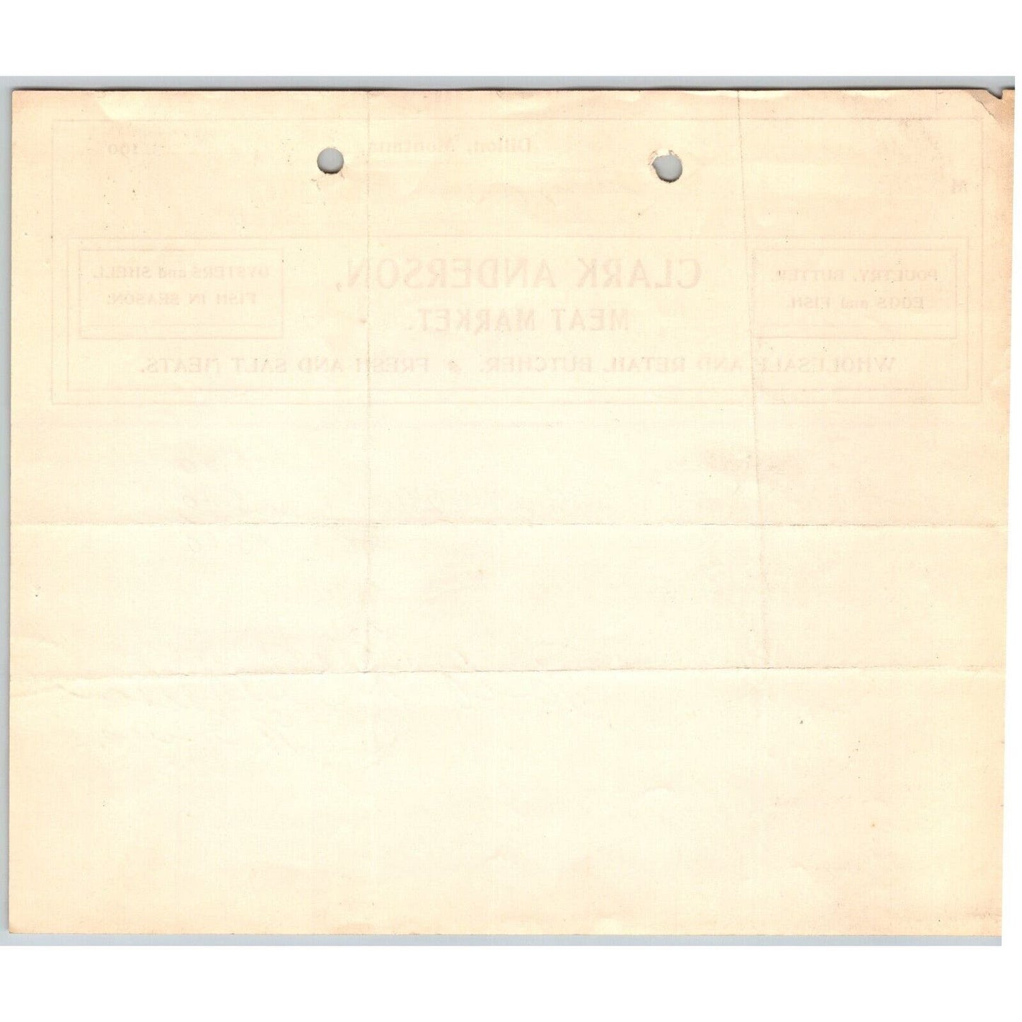 Dillon, MT Clark Anderson Meat Market Butcher Oysters Salt Meats 1906 Billhead