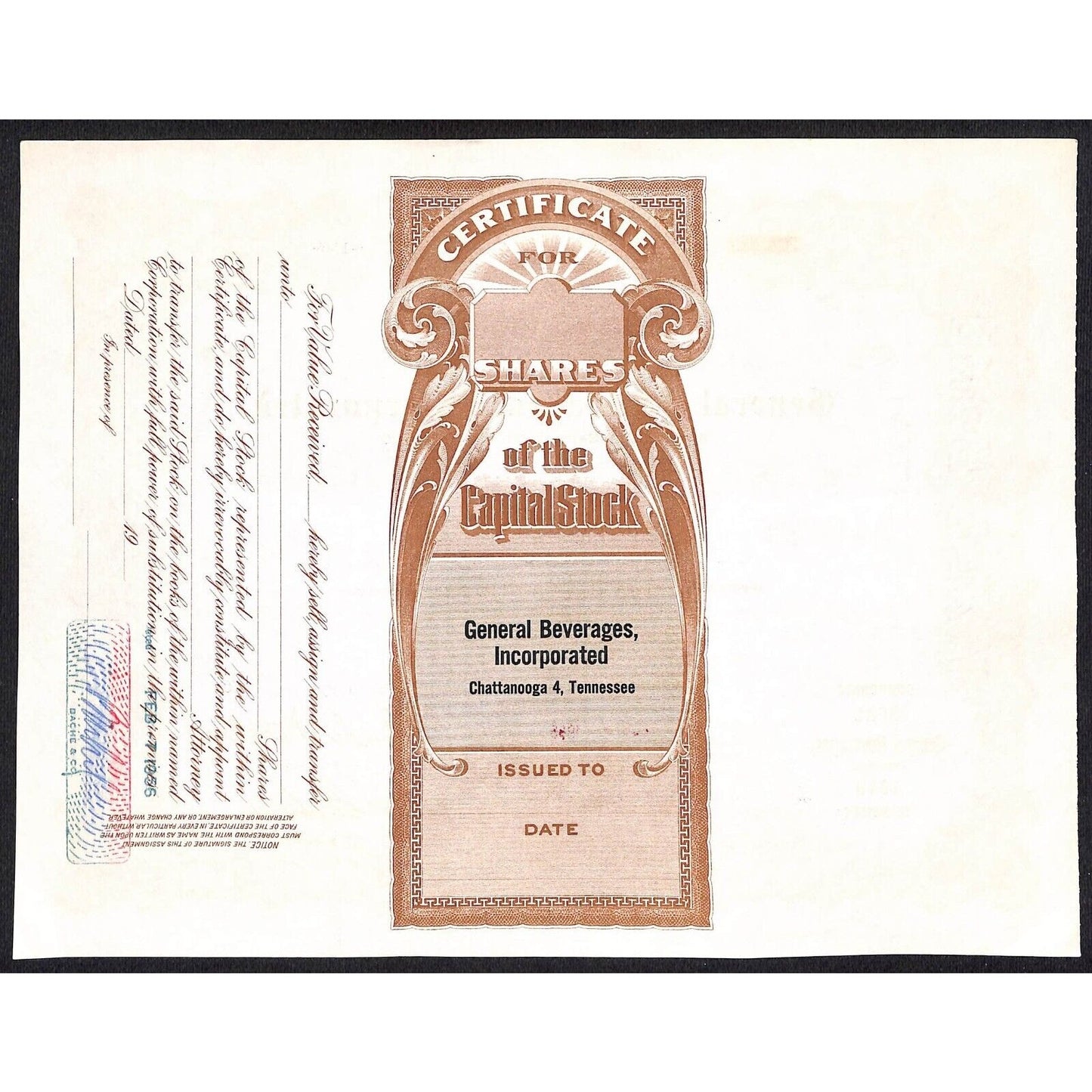 General Beverages, Inc.* Tennessee 1956 Stock Certificate Bache & Co. #33051