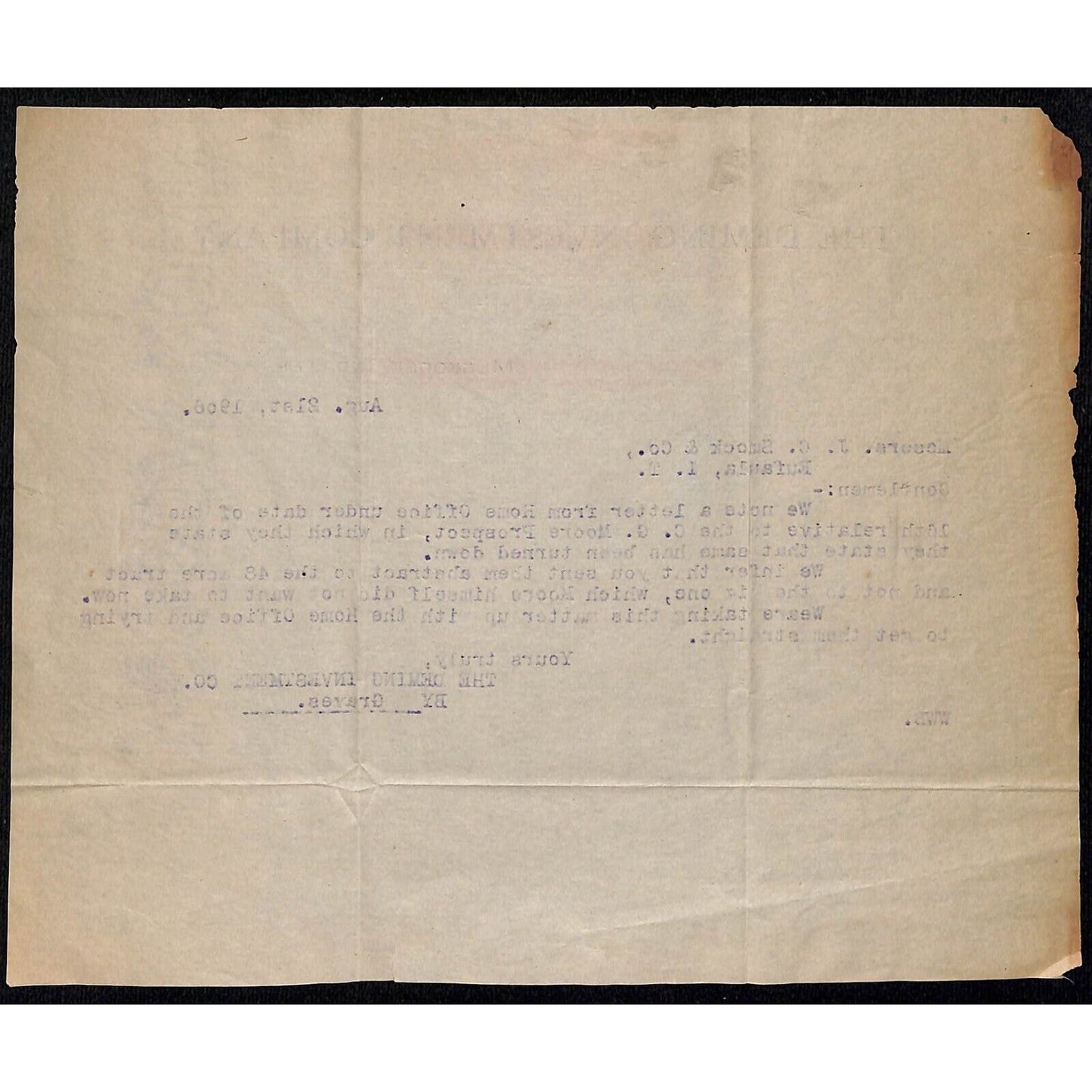 1906 Deming Investment Co. Muskogee, OK Indian Territory Letterhead