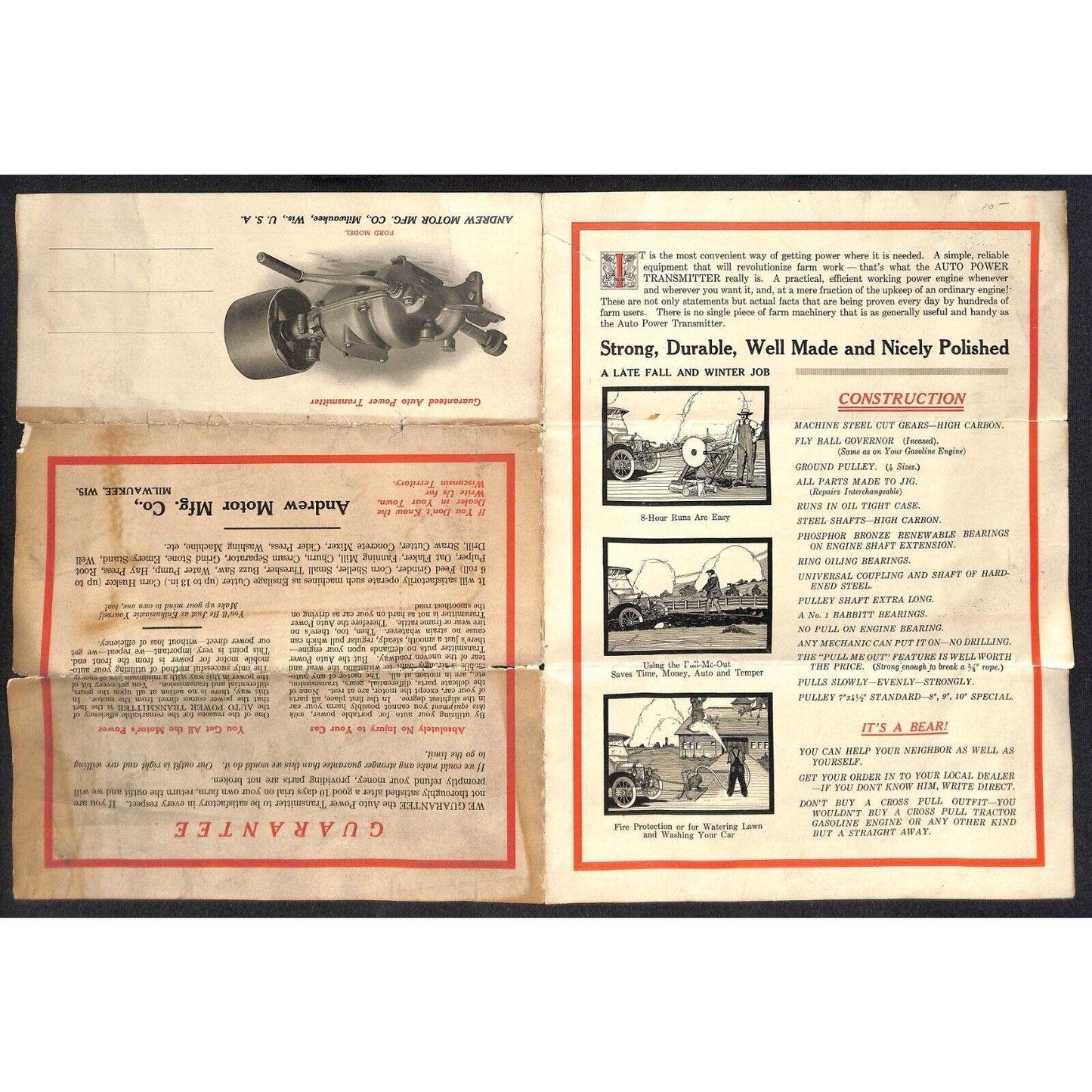 c1917 Andrew Motor Mfg. Co. "Auto-Power Transmitter" Brochure 12" x 18" Scarce