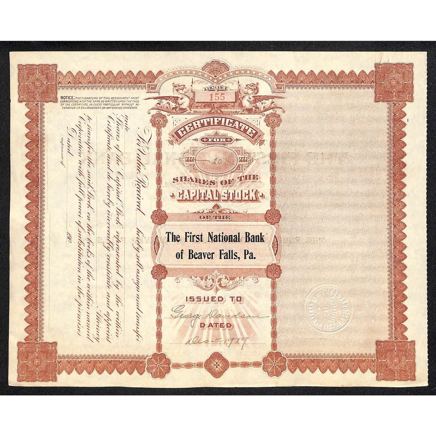 First National Bank of Beaver Falls PA 1909 Stock Certificate George Davidson