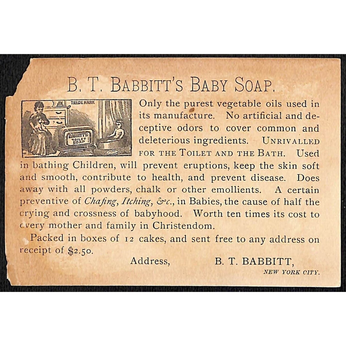 B.T. Babbitt's Baby Soap New York Victorian Trade Card Boy Delivers Product
