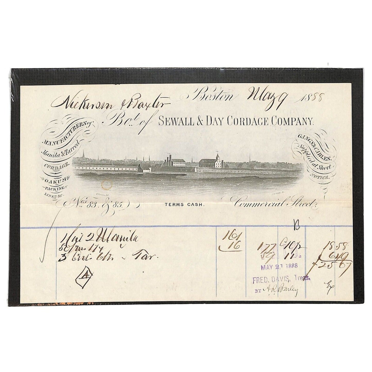 Seawall & Day Cordage Co. 1888 Billhead Nickerson & Baxter Vignette Scarce VGC