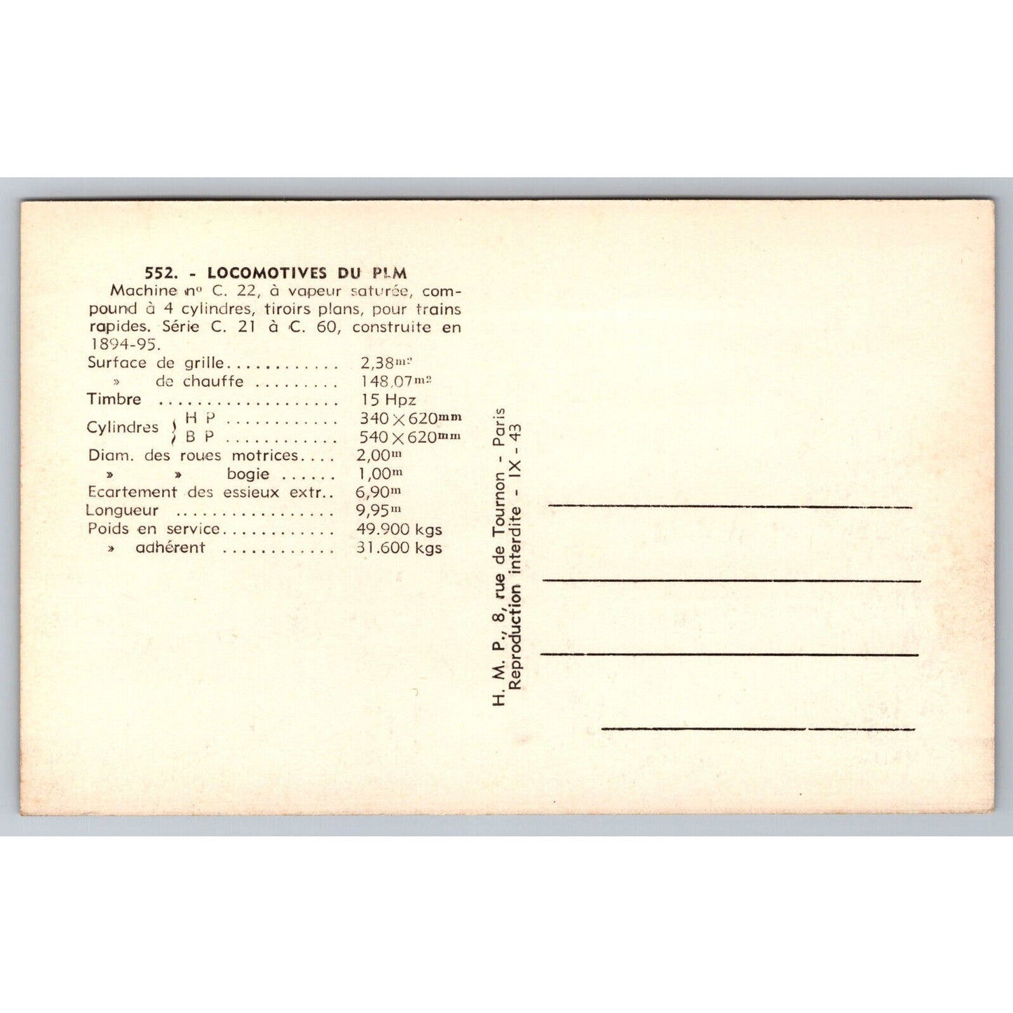 French Railroad RPPC* Postcard Machine C 22 Series C 21 - C 60 c1900 H.M.P.