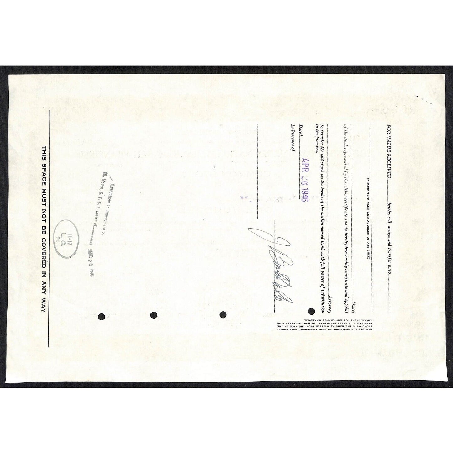 Angelo California National Bank San Francisco 1946 Temp. Stock Certificate #2418