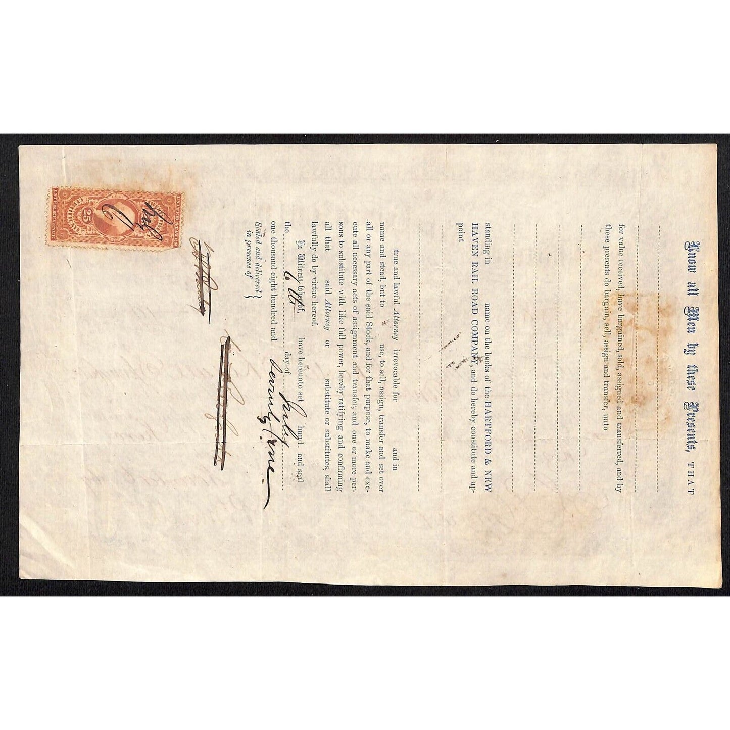 Hartford and New Haven Railroad 1869 Stock Certificate #5863 Charles O. Russell*