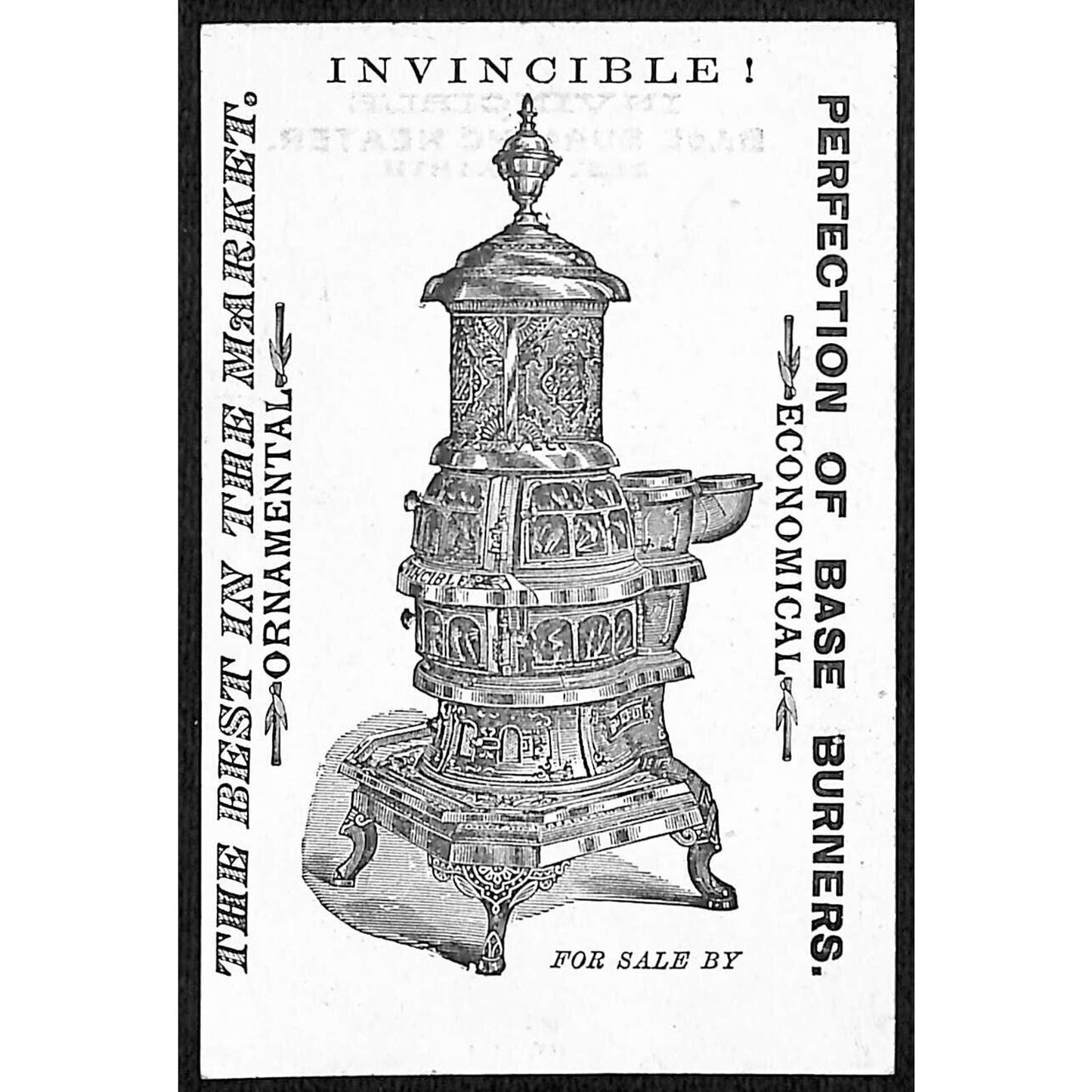 Invincible Base Burning Heater Victorian Trade Card Moon Face Looks on Couple