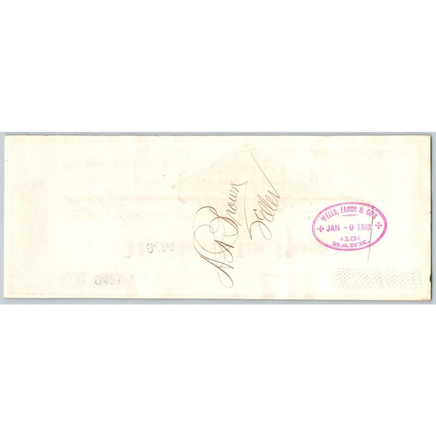 Bank of La Porte Check Wells Fargo 1882 Mining Vignette RN-G1 Rev Stamp #9491