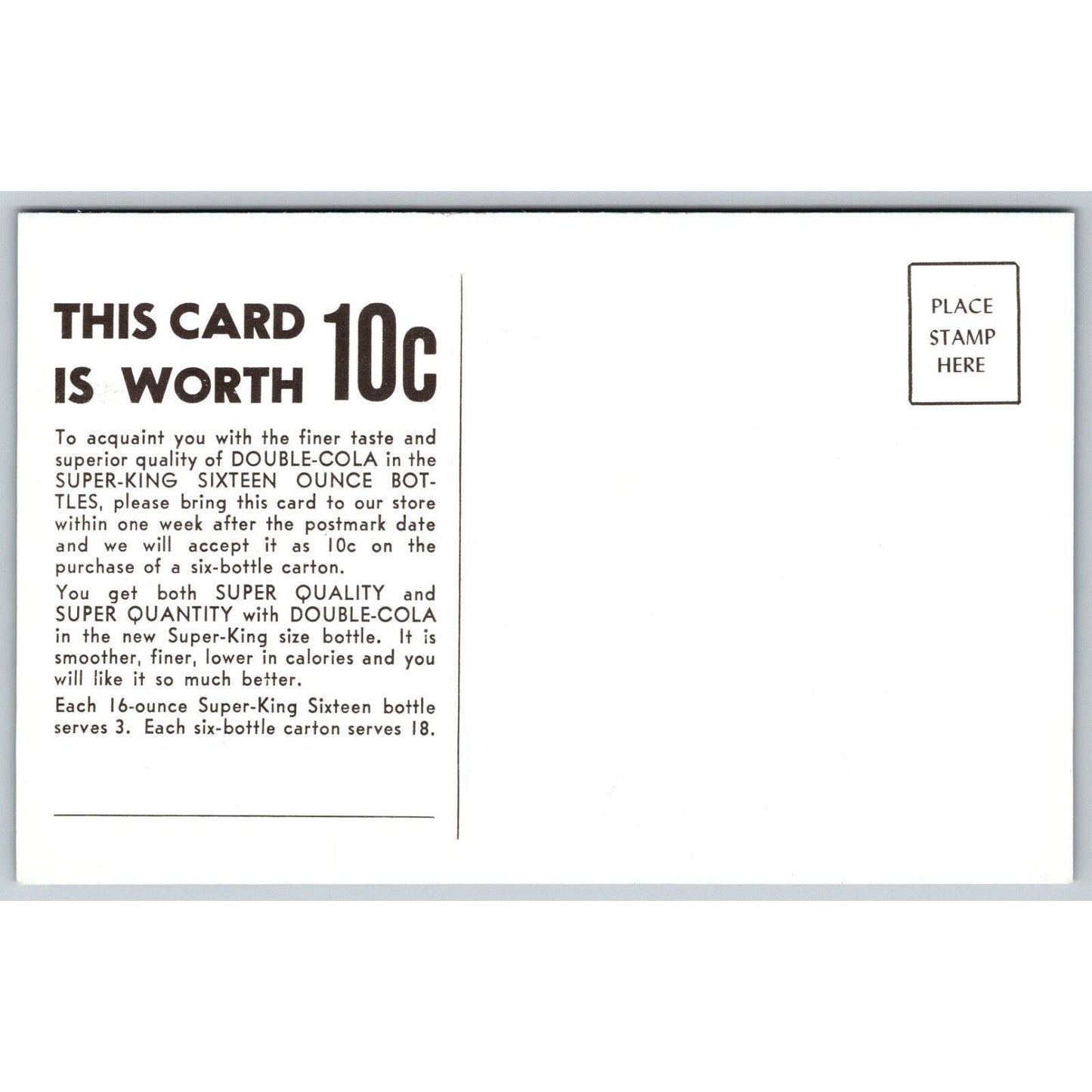 Double-Cola Six Pack 16oz Super-King 10c Coupon Postcard c1957-60's VGC