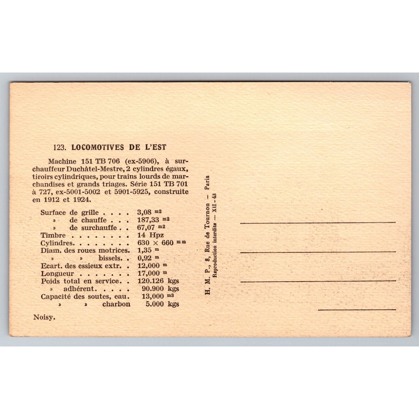 French Railroad RPPC* Postcard Machine 151 TB 706 c1900 H.M.P.