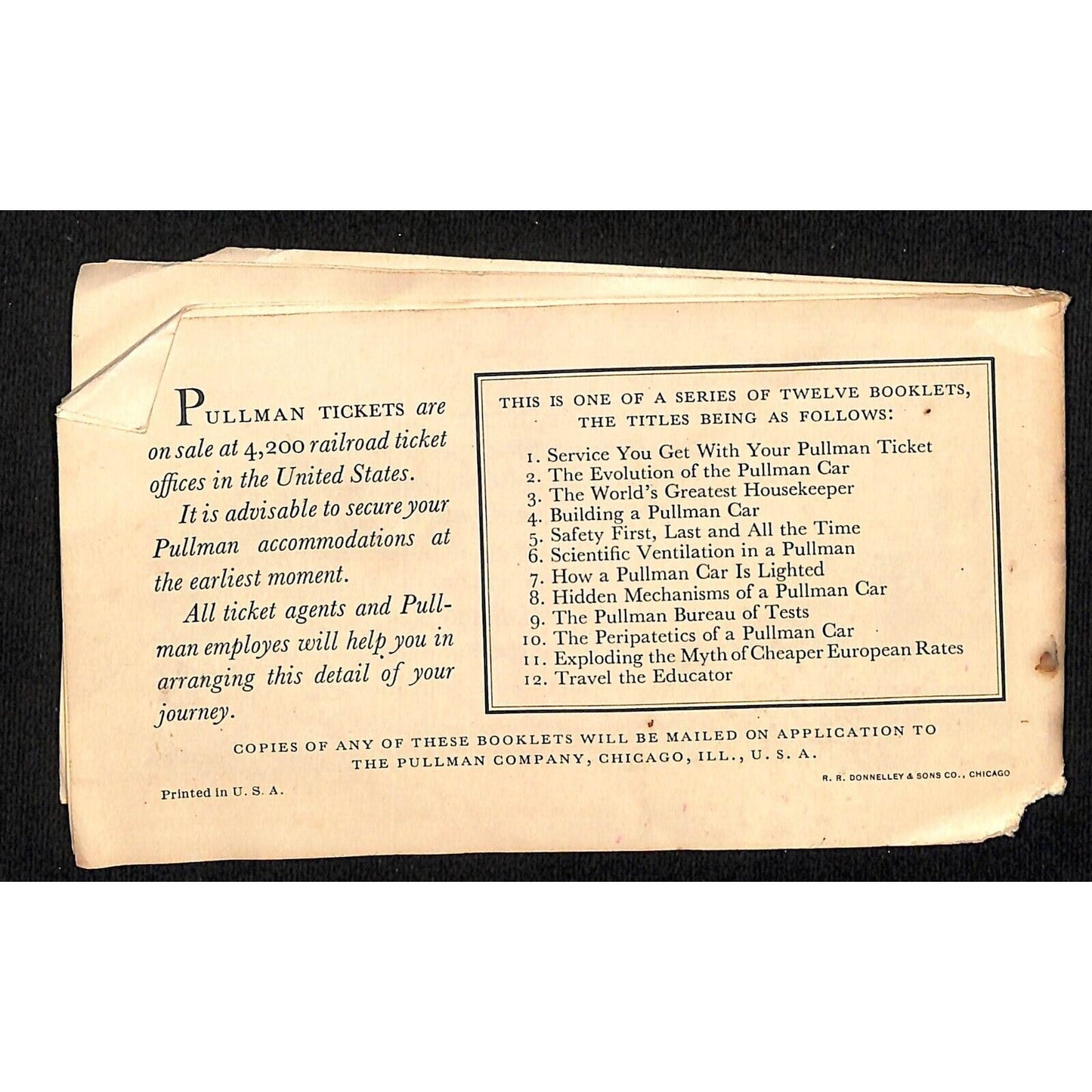 "The Peripatetics of a Pullman Car" 1929 / 1930 Facts Booklet 8pp Scarce