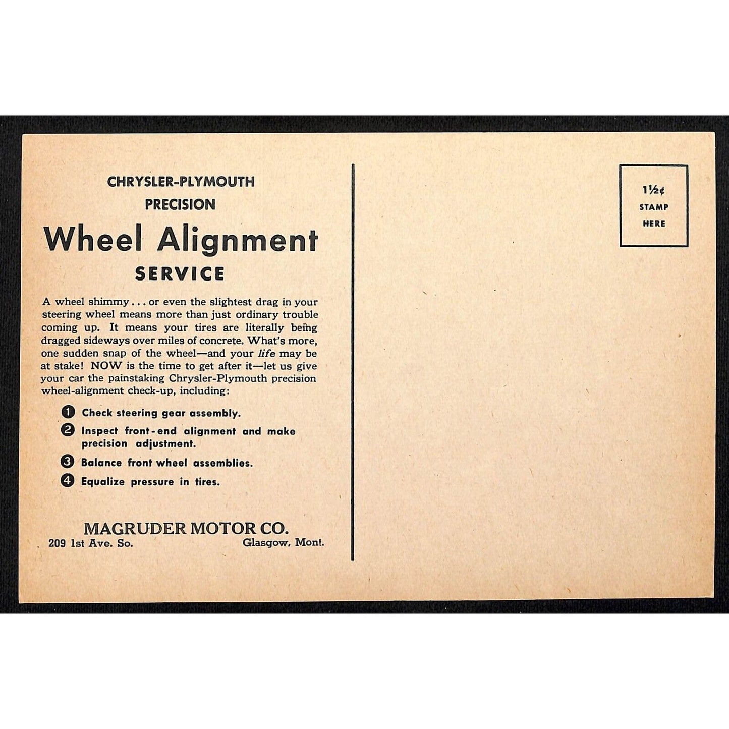 Magruder Motor Chrysler Plymouth Glasgow, MT Funny Wheel Alignment Lg Postcard