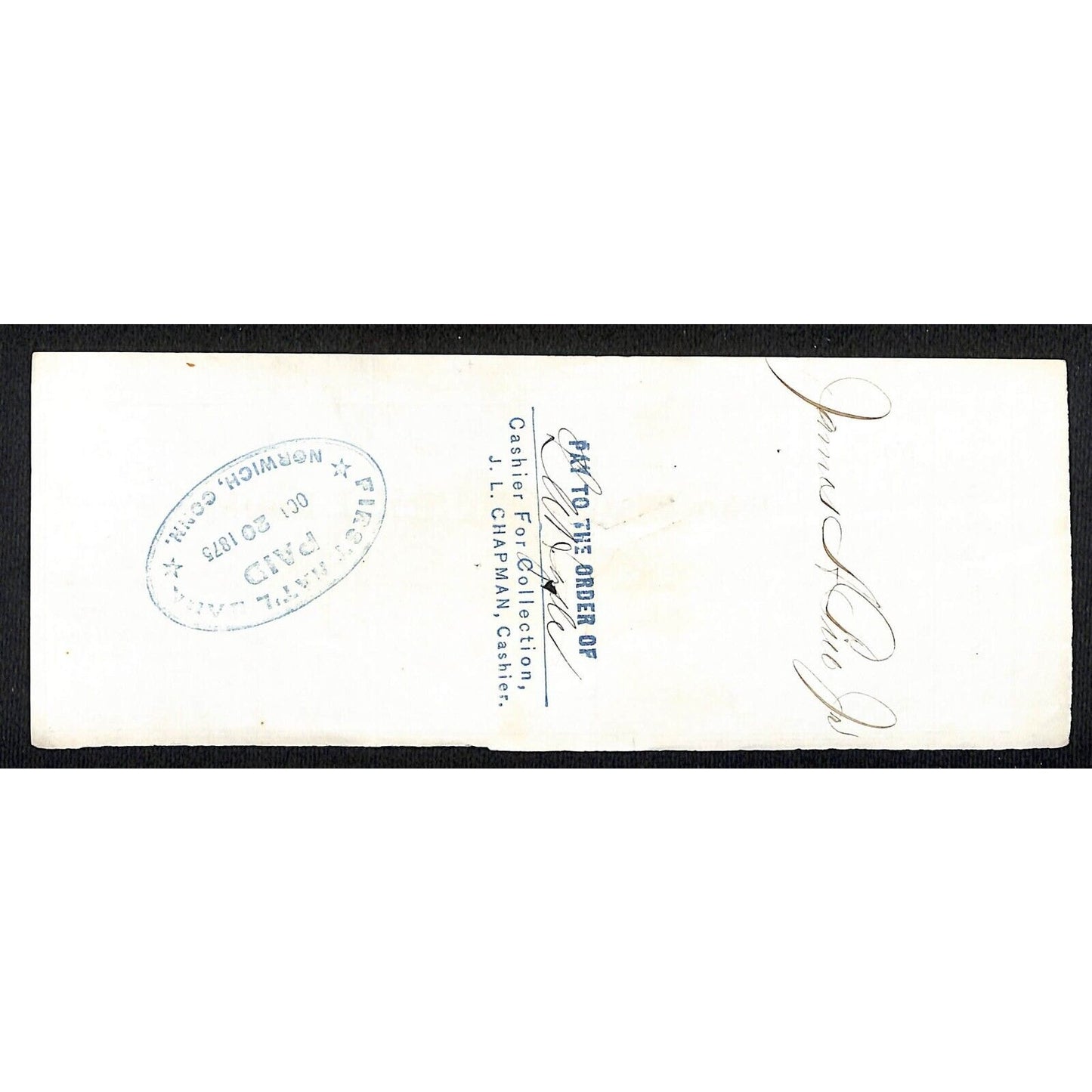James A. Bill* 1875 Thames National Bank Lyme CT on Rev Stamp Check Stock (#34)