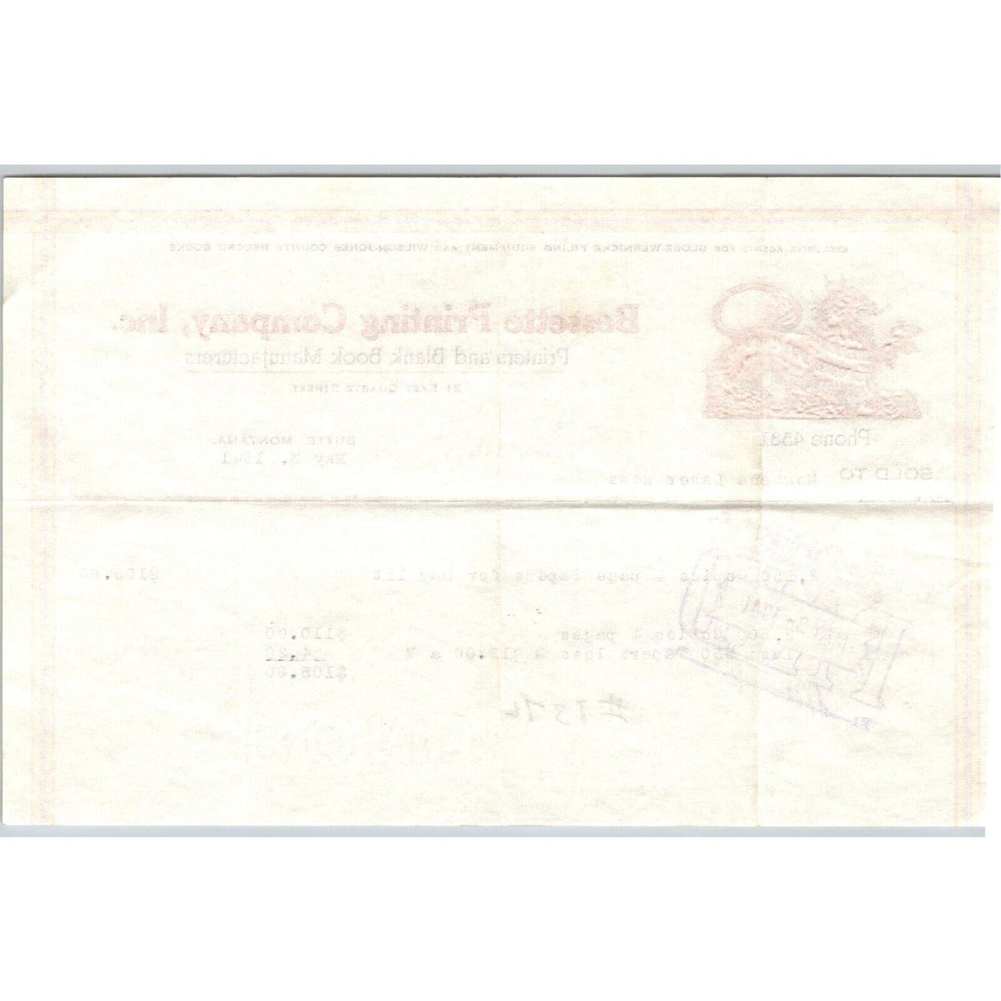 Butte, MT Bessette Printing Company 1941 Billhead Scarce