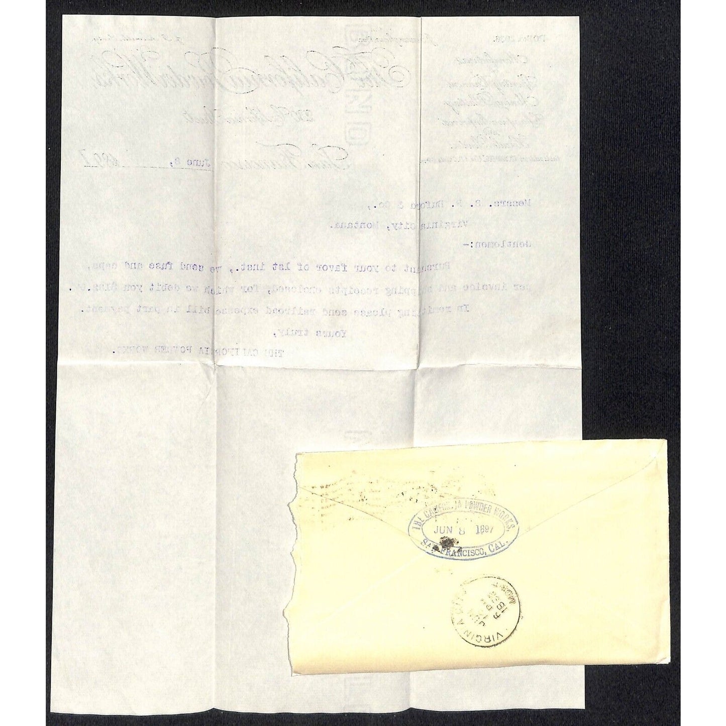 California Powder Works Jun 1897 Letterhead + Cover S.R. Buford Virginia City MT