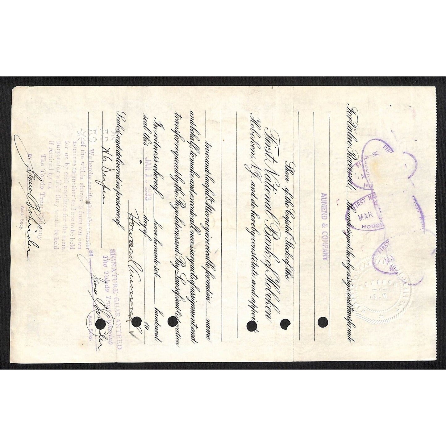 First National Bank of Hoboken NJ 1927 Stock Certificate Aumend & Company