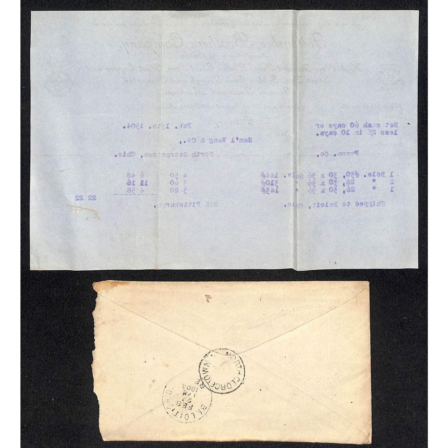 Follansbee Brothers Pitts. Samuel Wang Co.* N. Georgetown 1904 Billhead & Cover