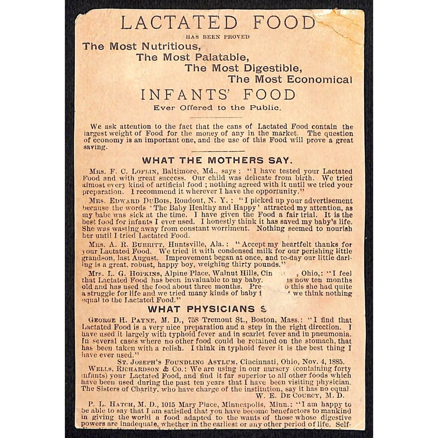 Lactated Food "Makes Babies Healthy" Victorian Trade Card w/ Testimonials