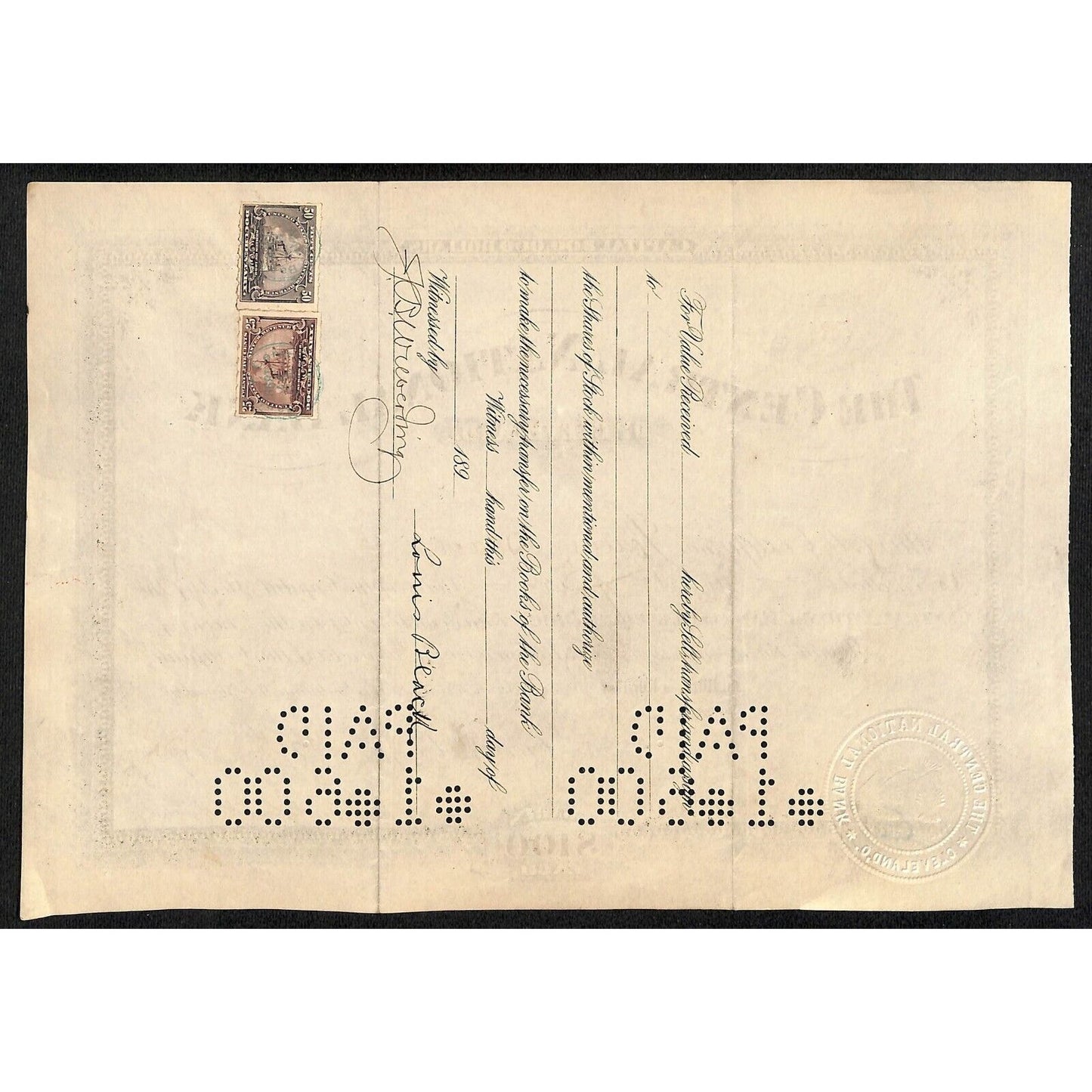 Central National Bank of Cleveland 1898 Stock Certificate to Louis Black