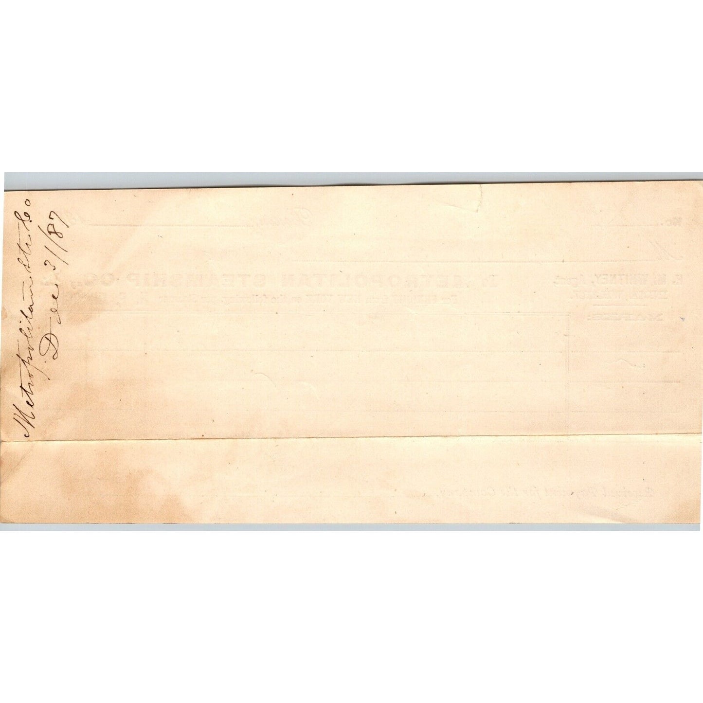 Metropolitan Steamship Co. Boston 1887 Billhead to Nickerson & Baxter VGC
