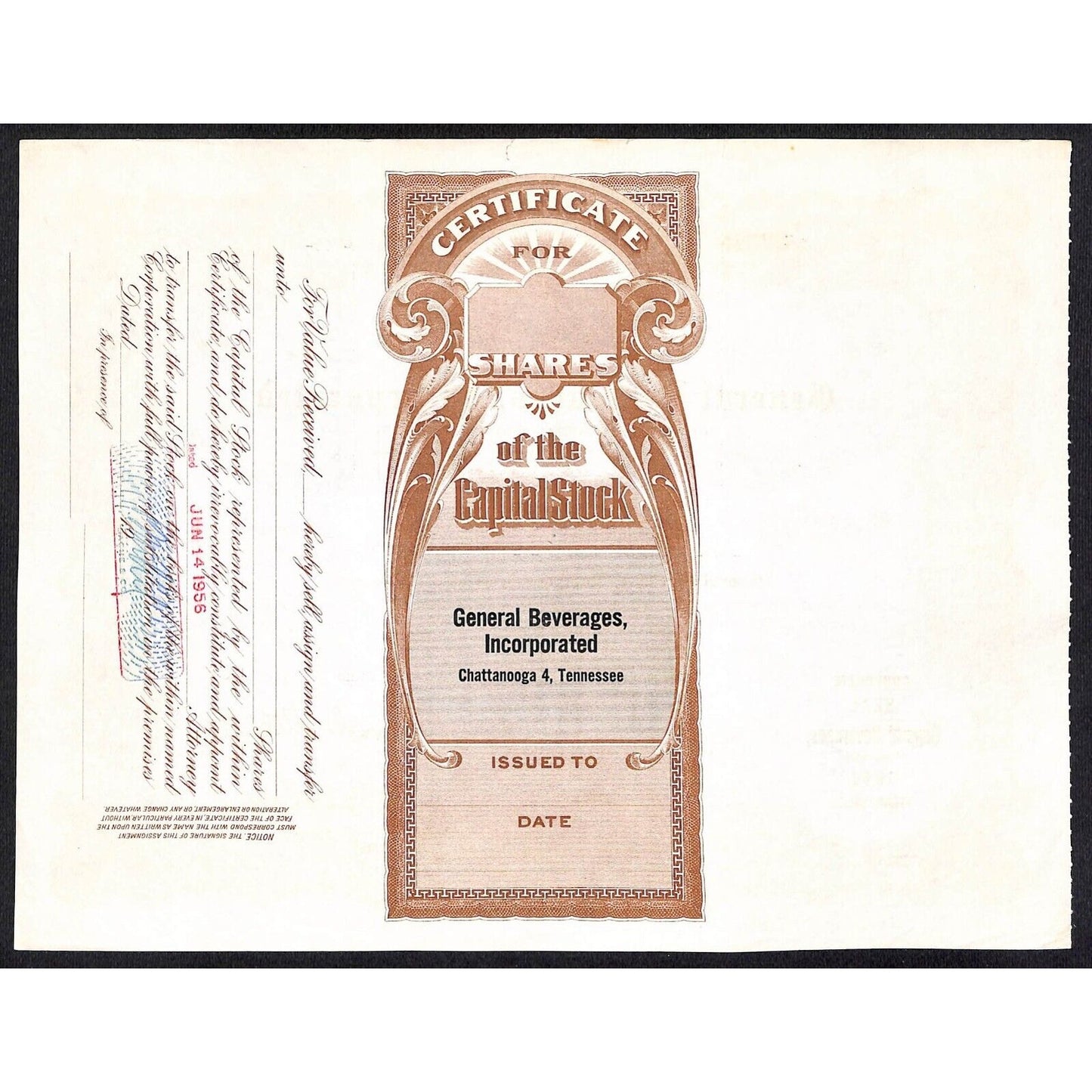General Beverages, Inc.* Tennessee 1956 Stock Certificate Bache & Co. #33318