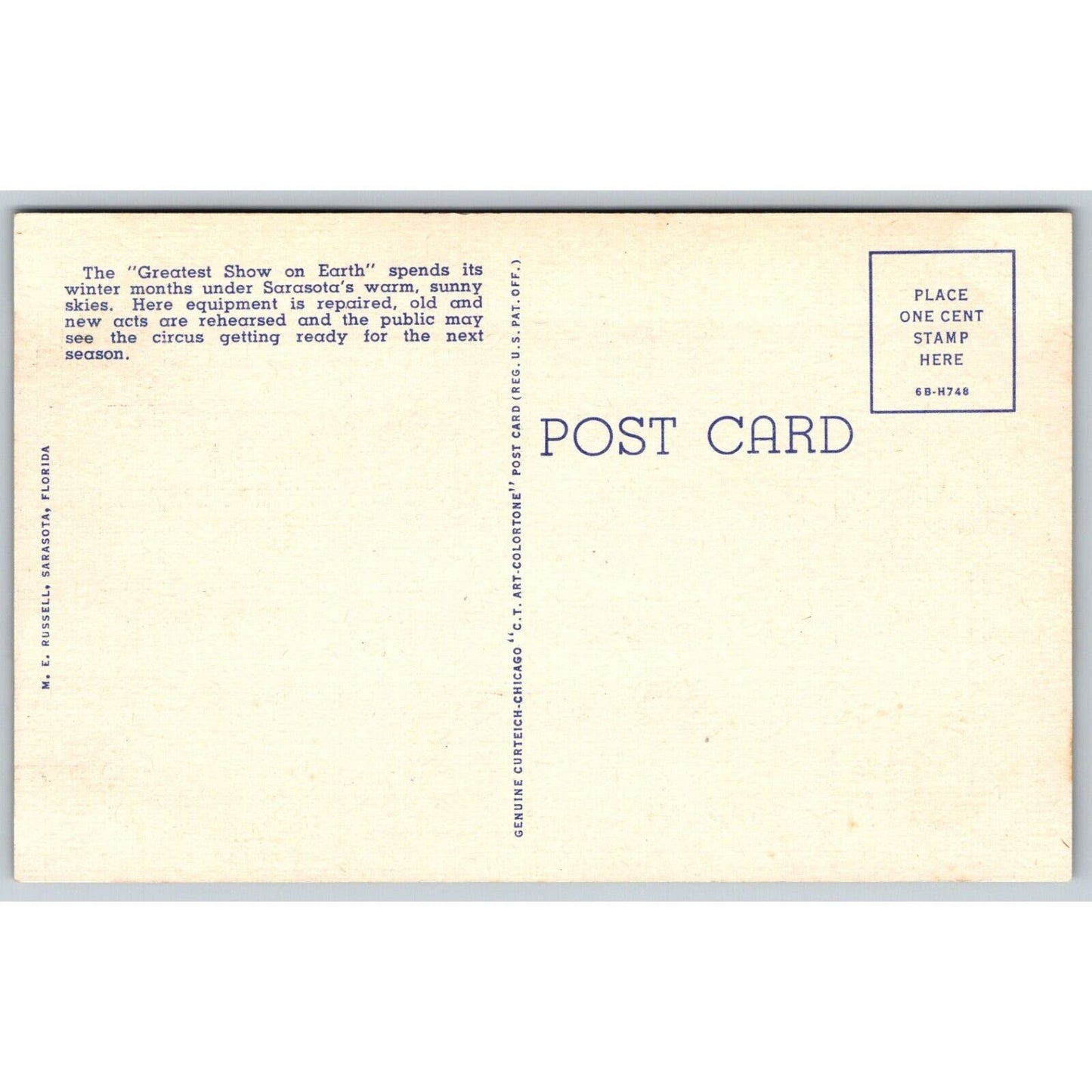 Main Entrance Ringling Bros Winter Quarters Sarasota Linen Postcard c1935-45 VGC