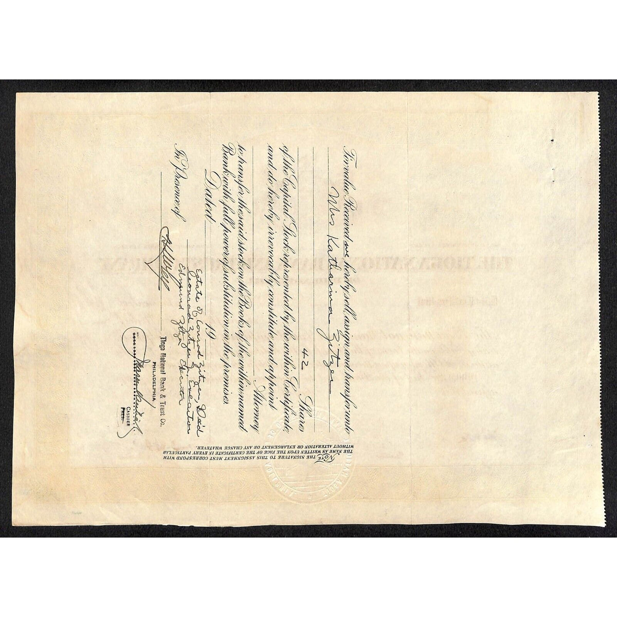 Tioga National Bank Trust Philadelphia 1929 Stock Certificate to Conrad Zitzer