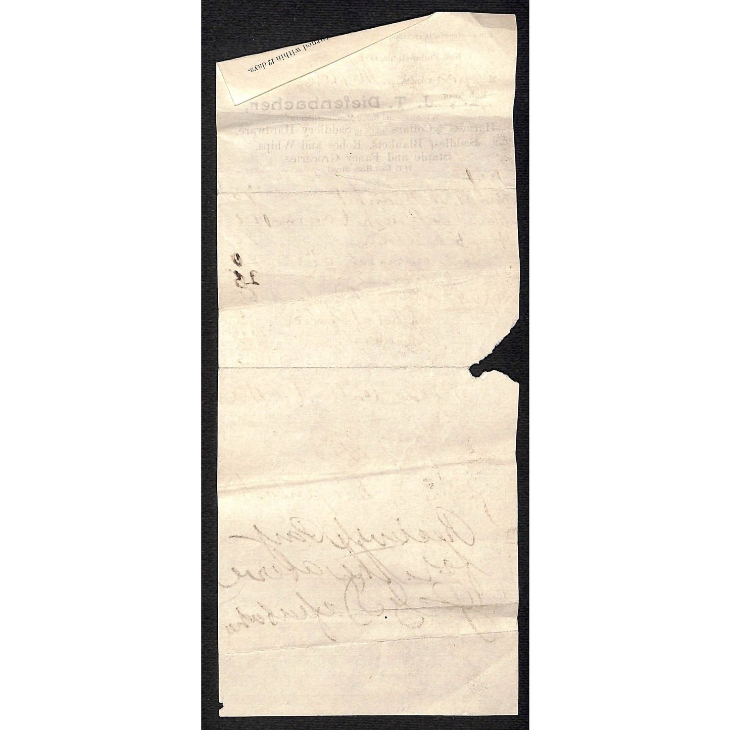 J.T. Diefenbacher Saddlery New Philadelphia, OH 1891 Signed Receipt Scarce