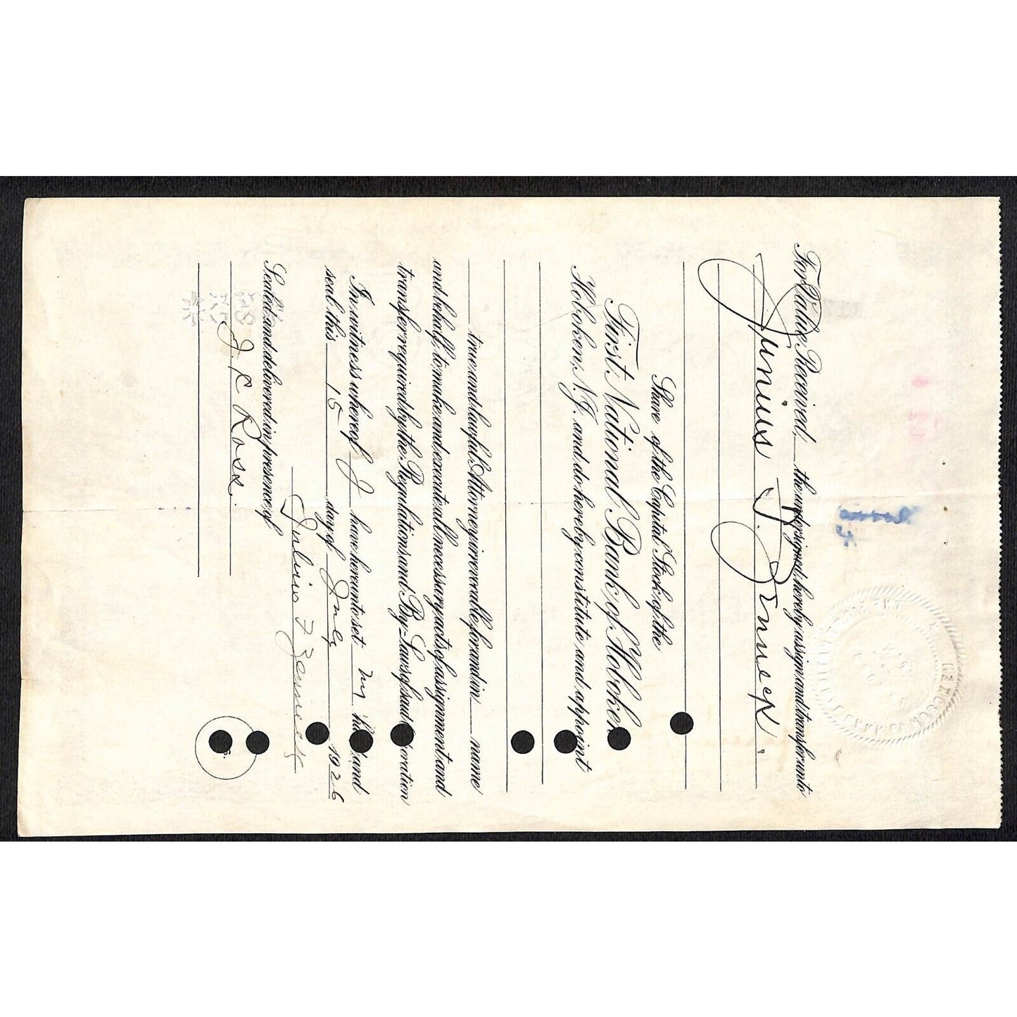 First National Bank of Hoboken NJ 1929 Stock Certificate Julius Zenneck