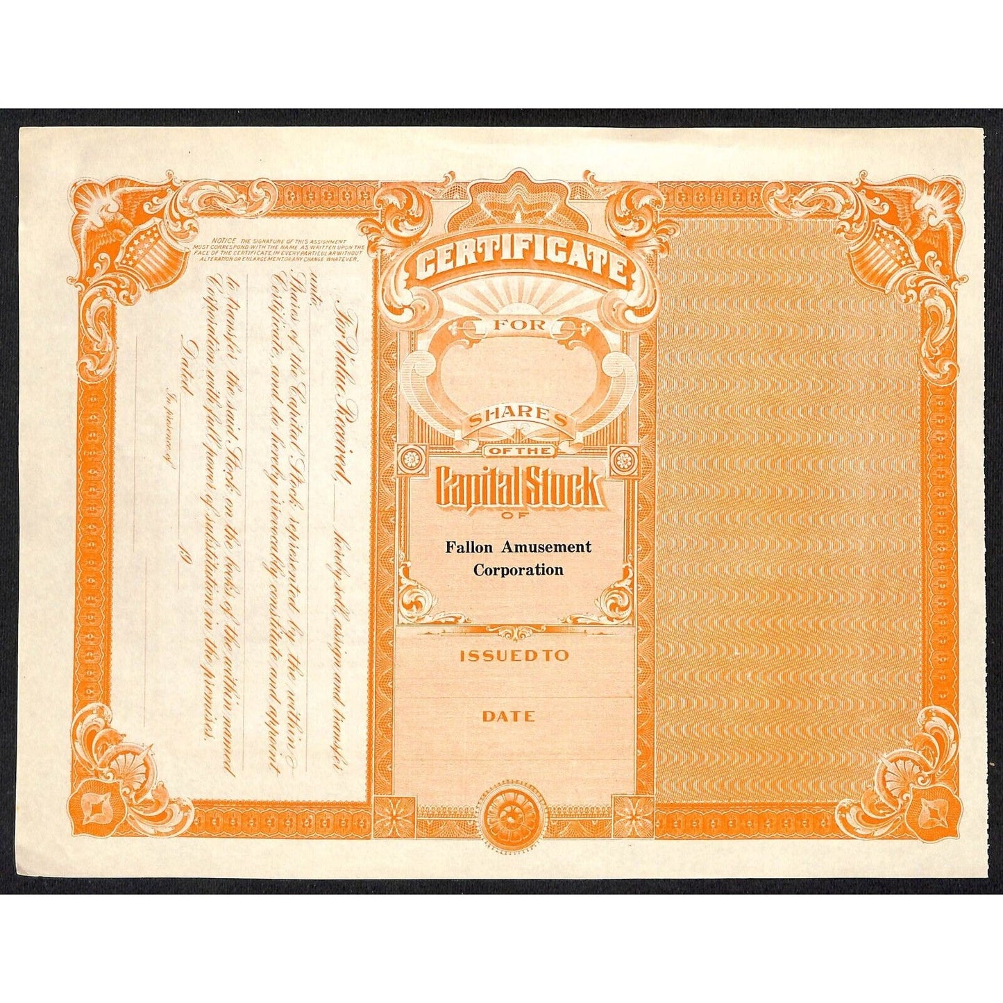 Fallon Amusement Corp. Fallon, NV c1928 Stock Certificate Undated Unissued #67