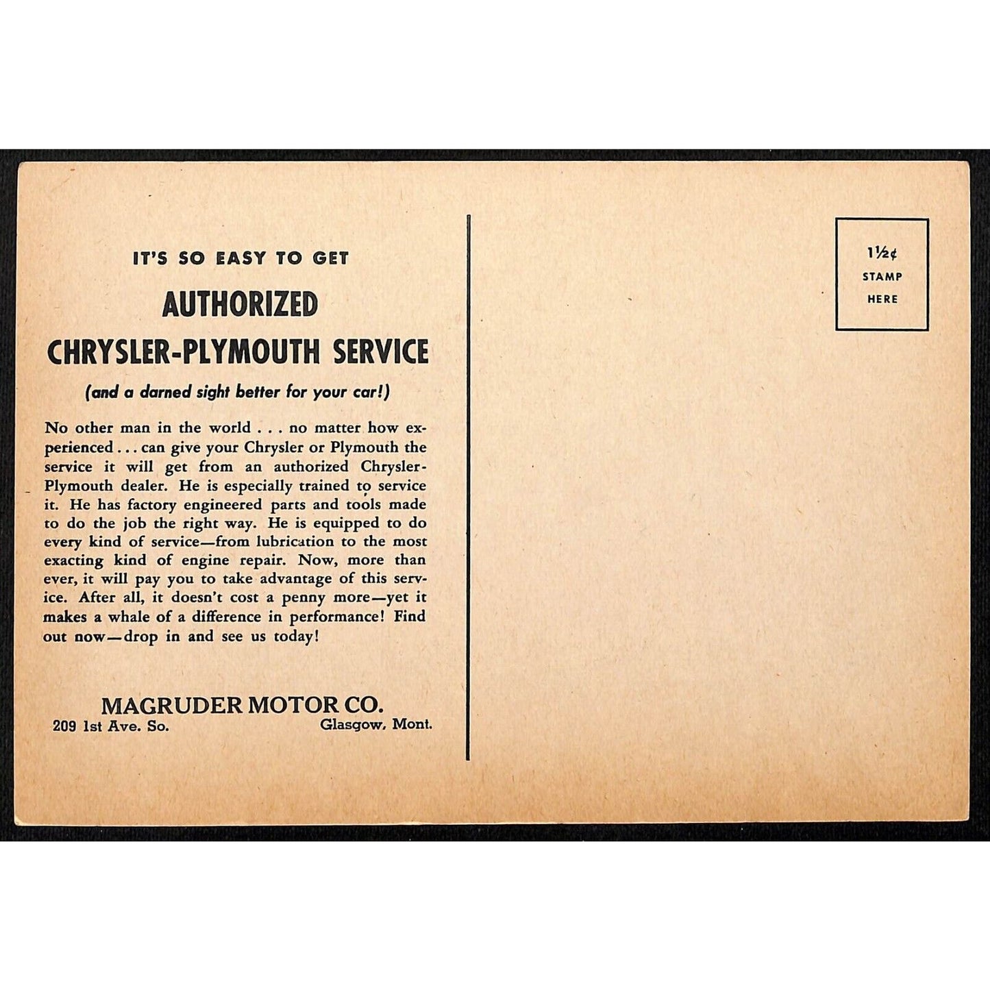 Magruder Motor Chrysler Plymouth Glasgow, MT Funny Red Carpet Service Postcard
