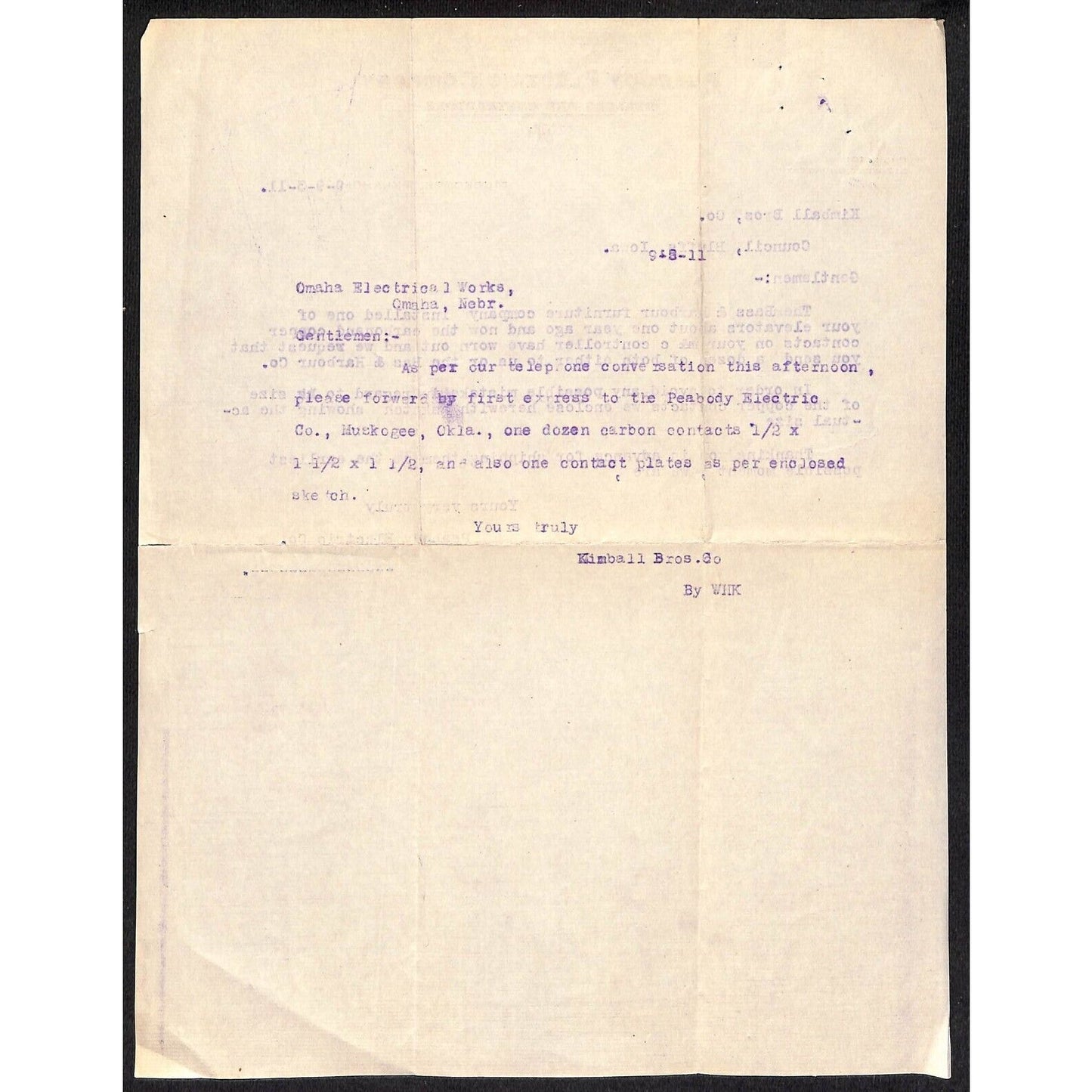 1911 Peabody Electric Company Contractors Muskogee, OK TLS Letterhead