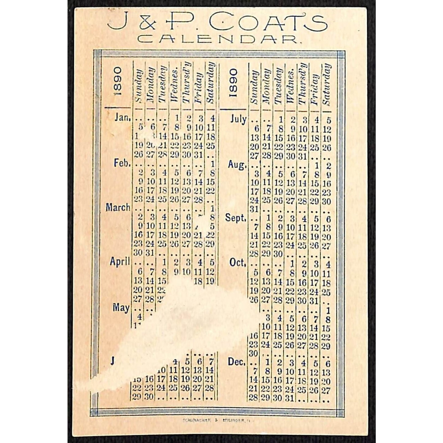 J & P Coats Thread Victorian Trade Card 1890 Calendar - Competing Organ Grinders