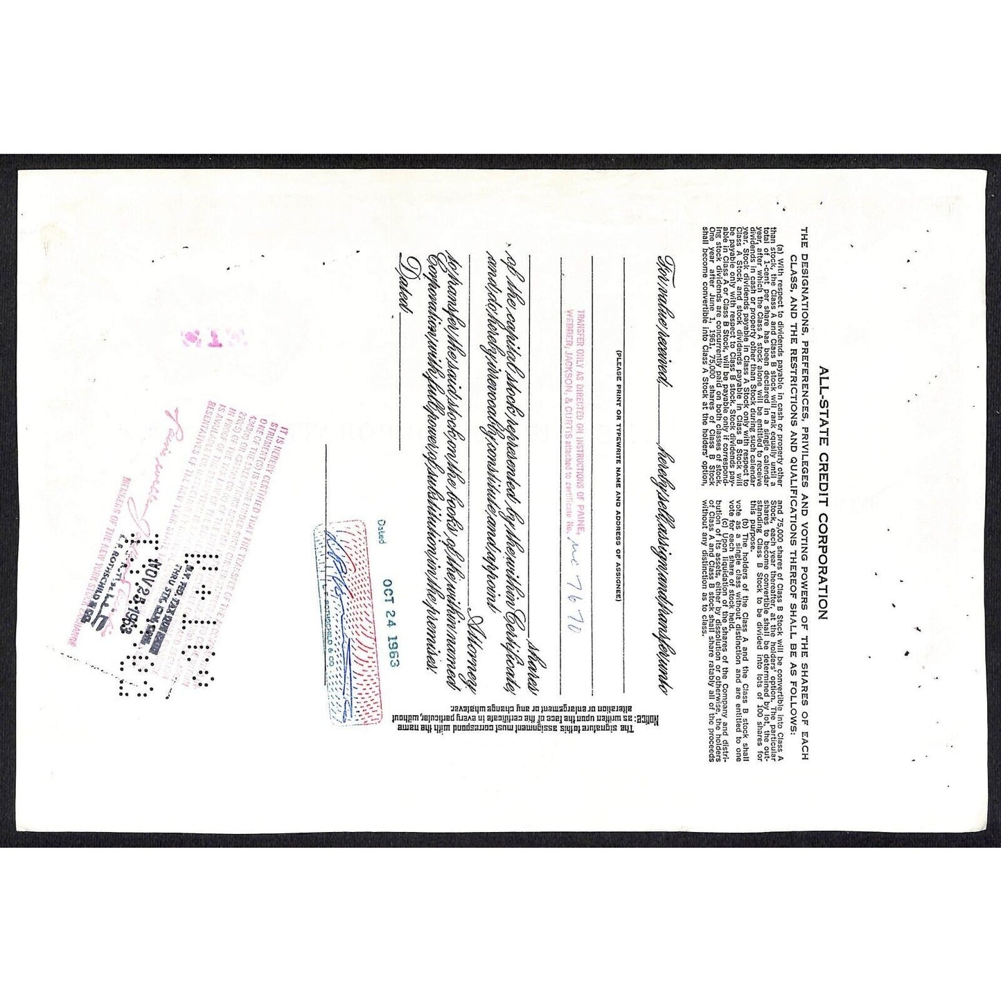 All State Credit Corporation NY 1963 Stock Certificate L.F. Rothschild & Co.