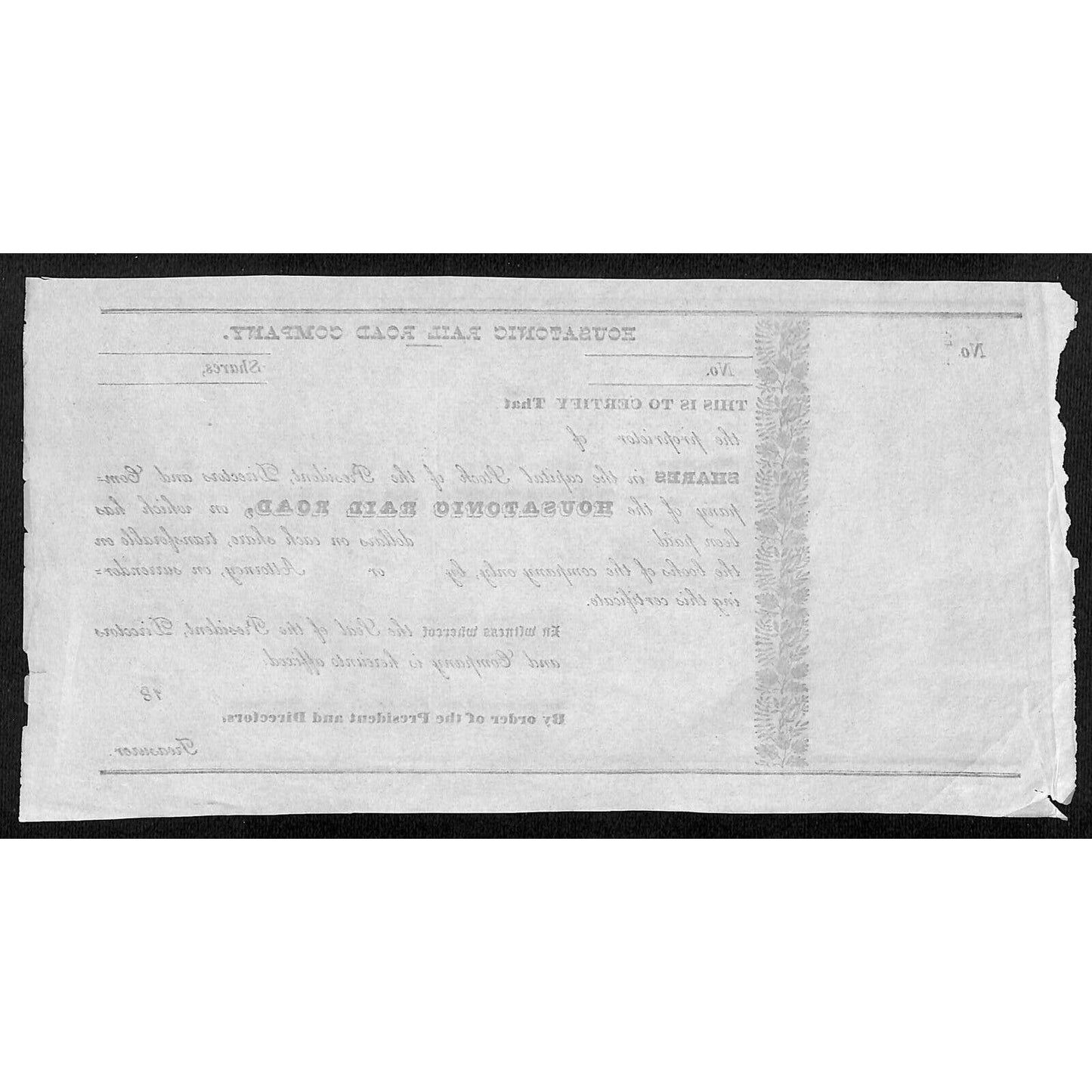 Housatonic Rail Road (CT) Unissued c1837 Stock Certificate
