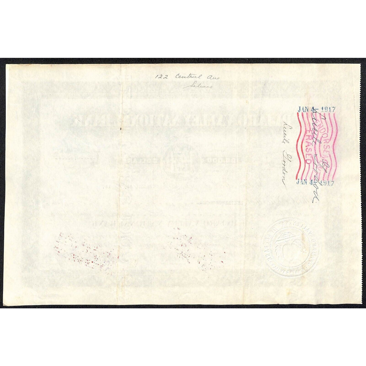 Pajaro Valley National Bank Watsonville CA 1914 Stock Certificate Lucille Gordon